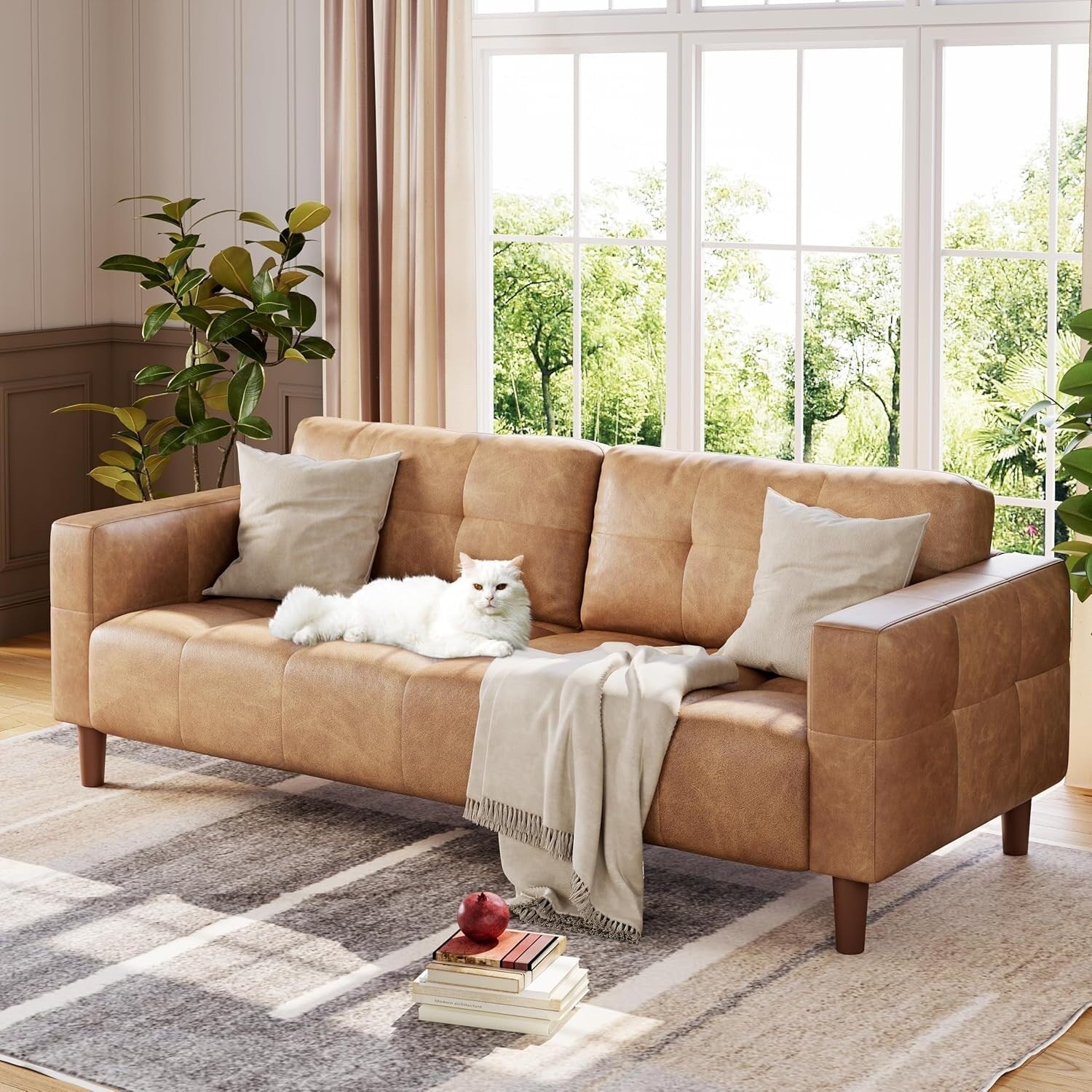 Canapé 3 places, 83 pouces de large, en similicuir, avec coussin à ressorts, canapé moderne