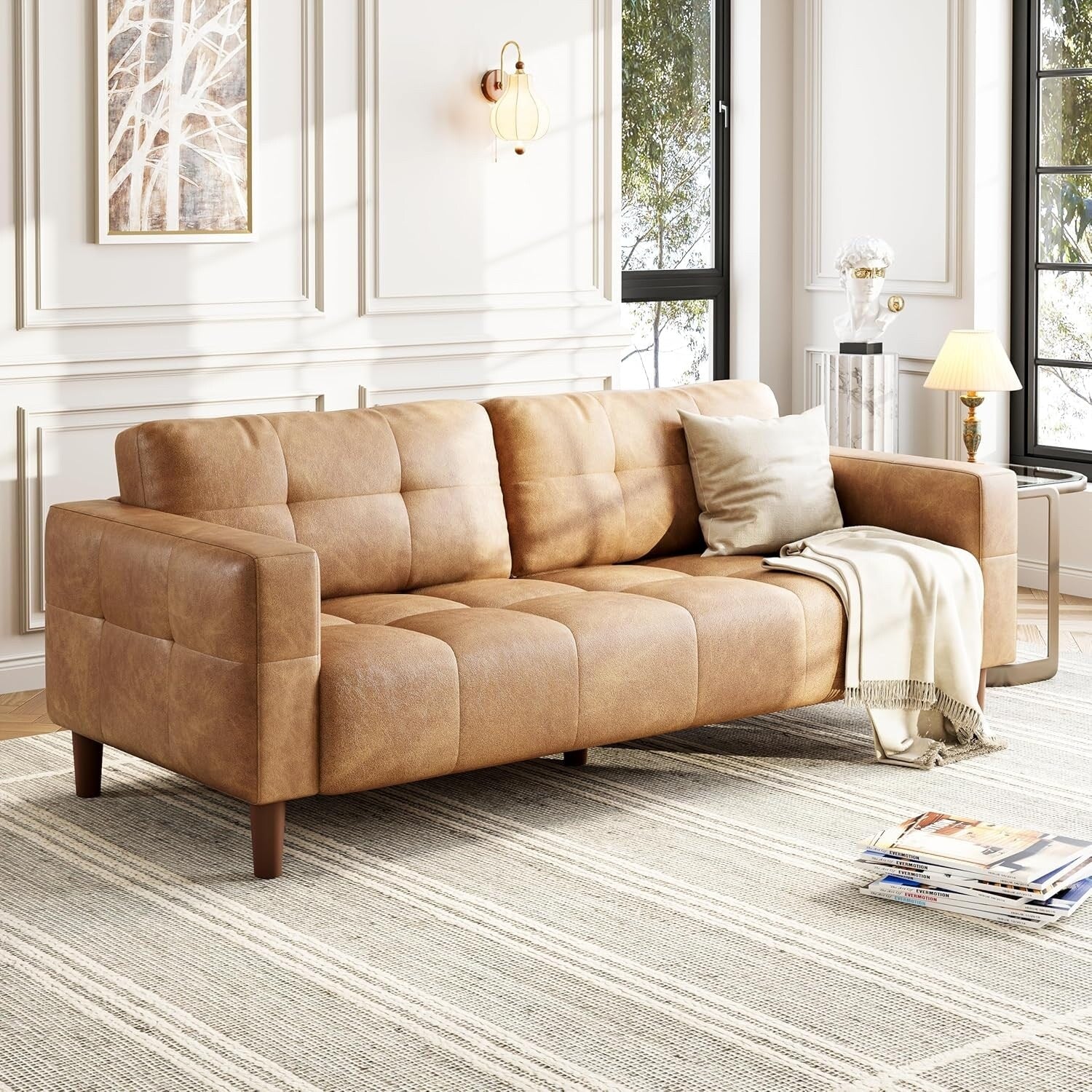 Canapé 3 places, 83 pouces de large, en similicuir, avec coussin à ressorts, canapé moderne