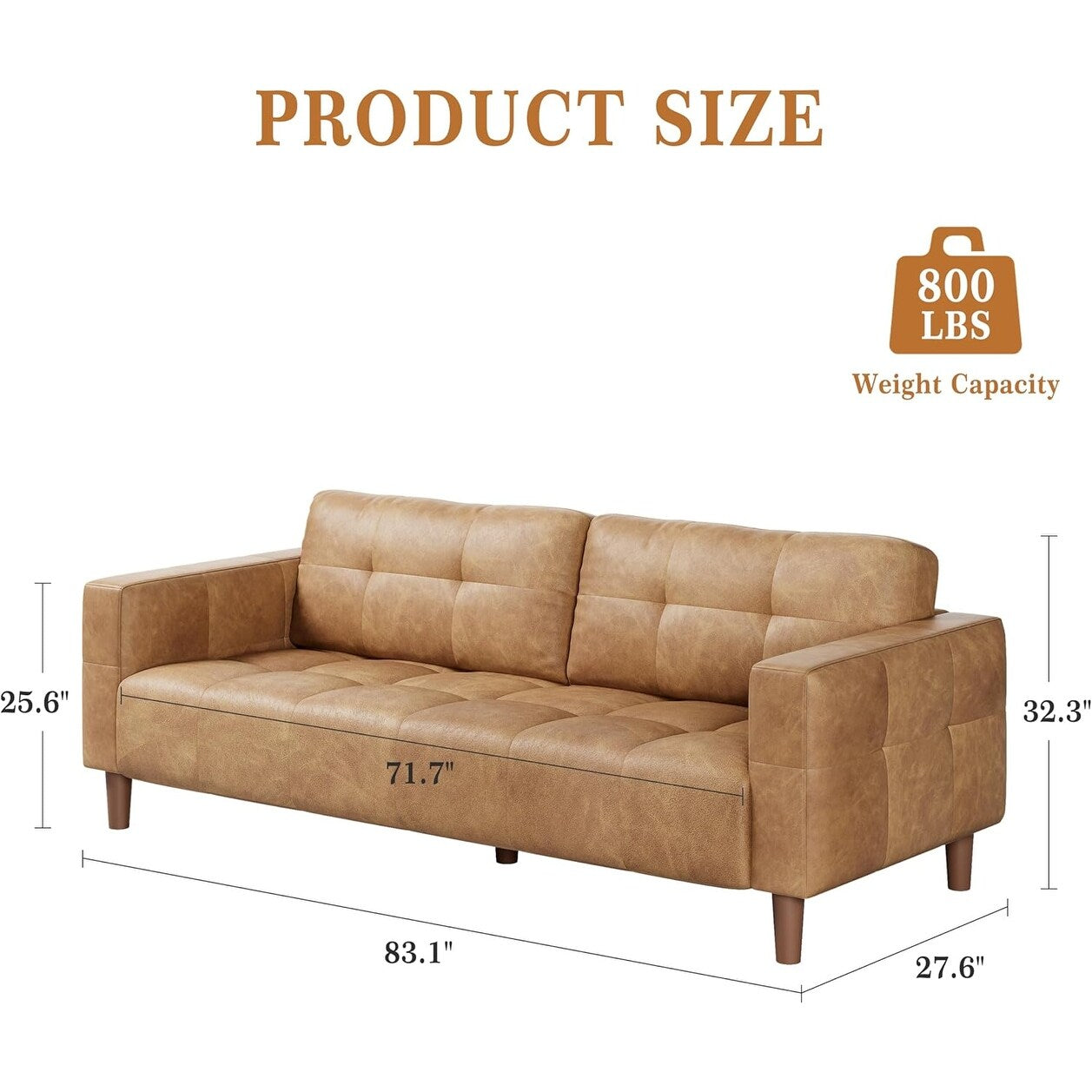 Canapé 3 places, 83 pouces de large, en similicuir, avec coussin à ressorts, canapé moderne