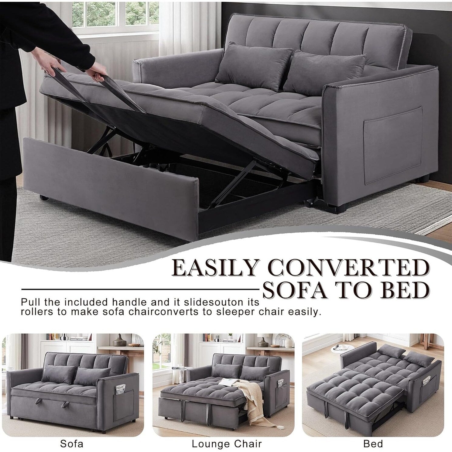 Canapé-lit convertible 3 en 1 - Canapé futon en velours avec dossier réglable, poche latérale et fonction gigogne, gris foncé