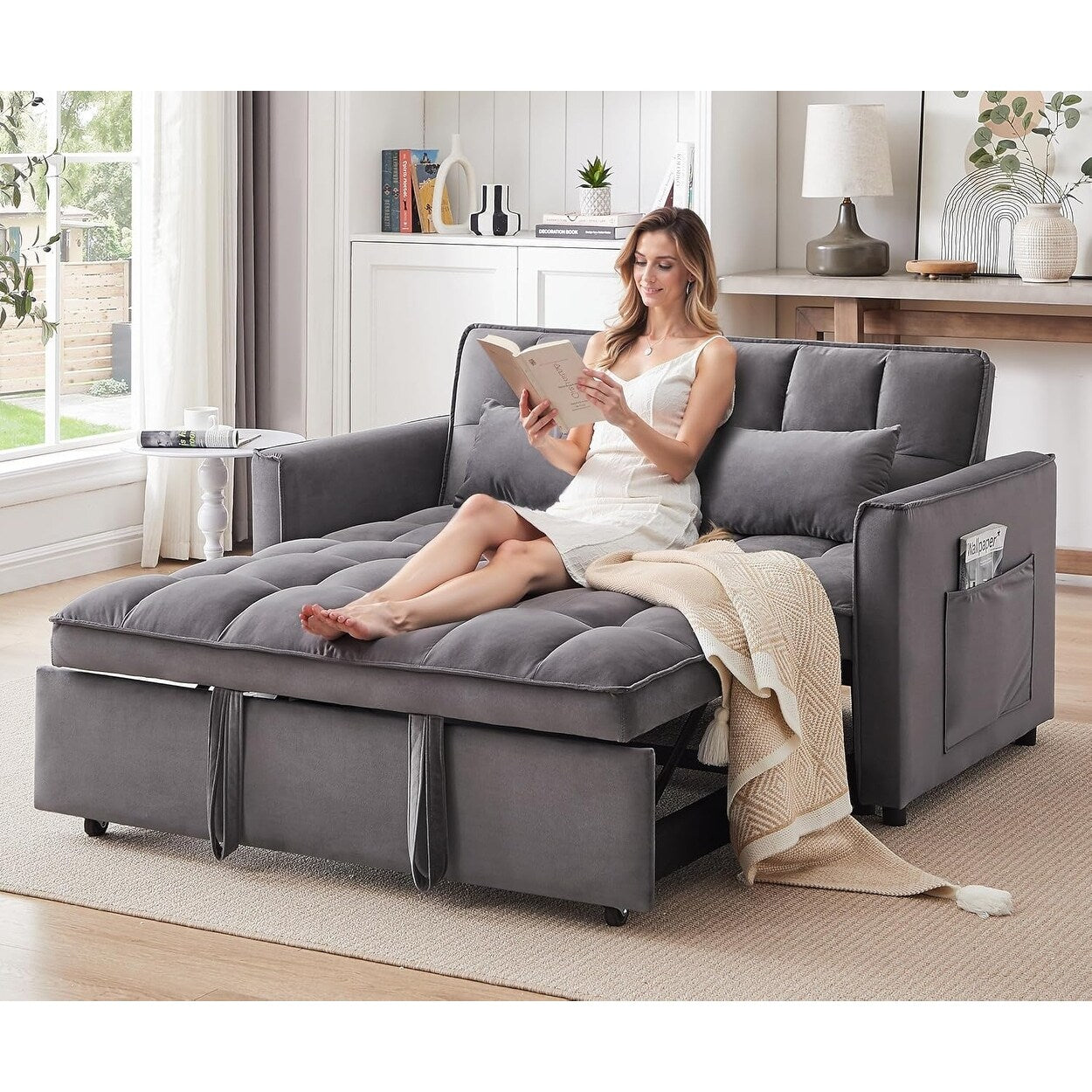 Canapé-lit convertible 3 en 1 - Canapé futon en velours avec dossier réglable, poche latérale et fonction gigogne, gris foncé
