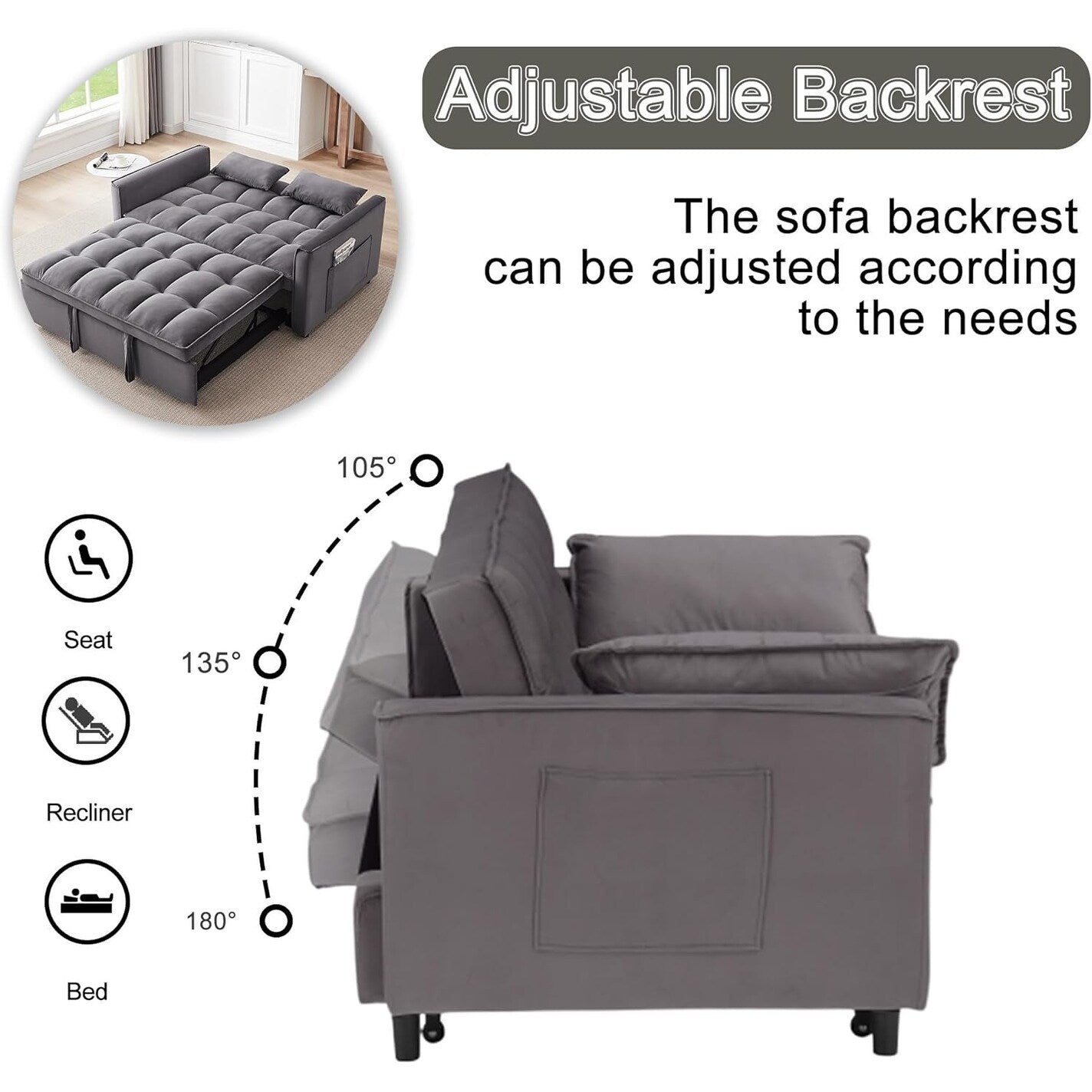 Canapé-lit convertible 3 en 1 - Canapé futon en velours avec dossier réglable, poche latérale et fonction gigogne, gris foncé