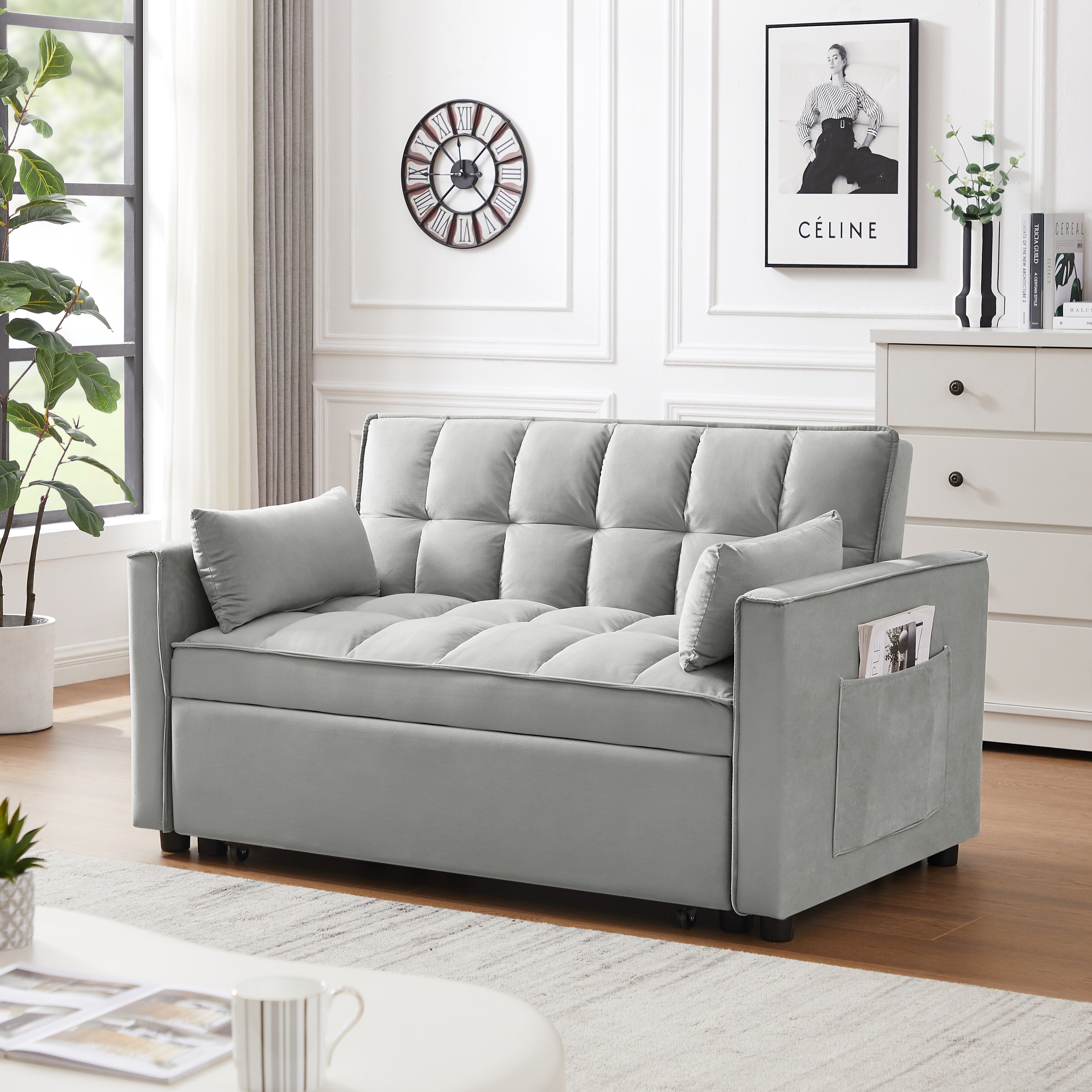 Canapé-lit futon 3 en 1 moderne en velours avec poches pour oreillers, gris