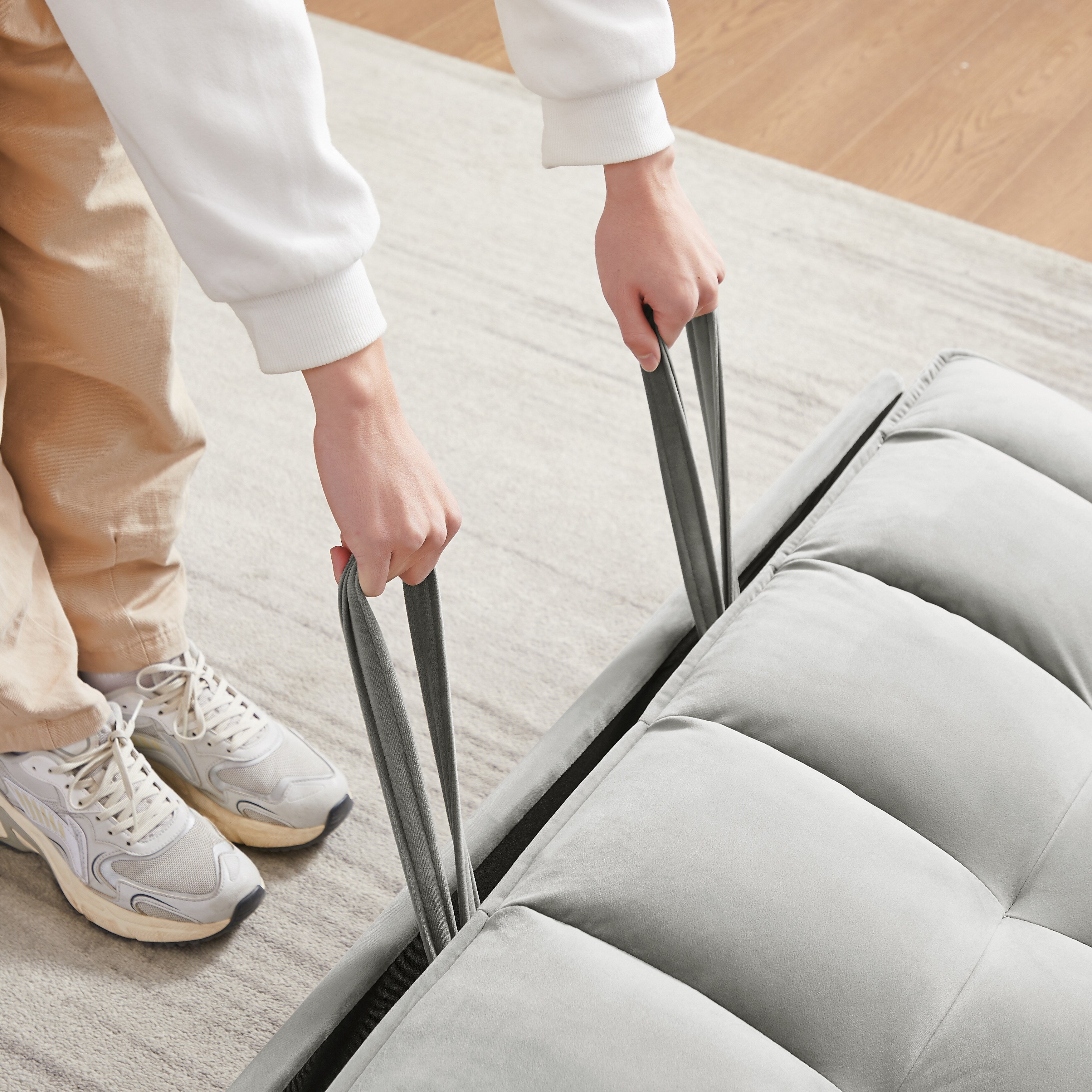 Canapé-lit futon 3 en 1 moderne en velours avec poches pour oreillers, gris