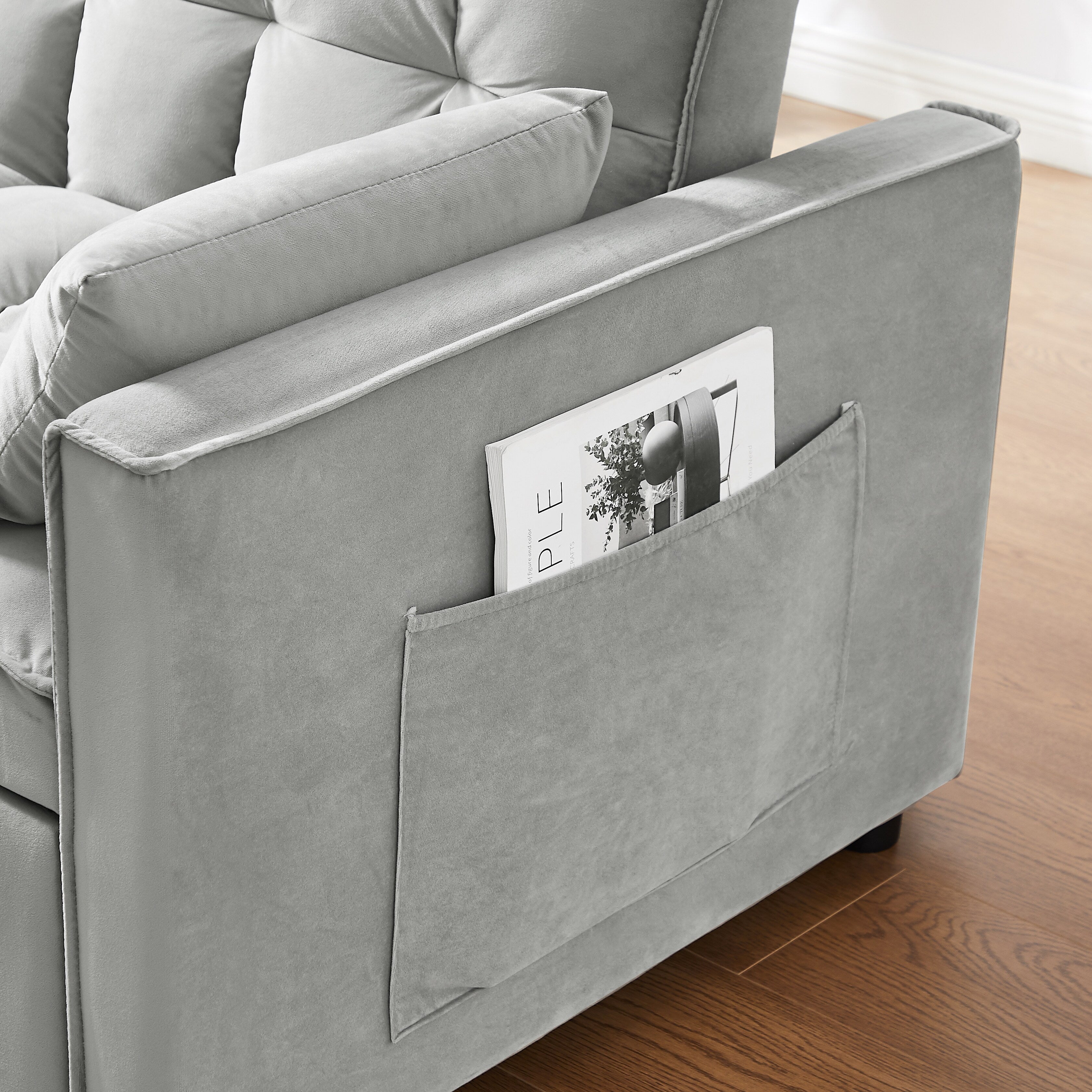 Canapé-lit futon 3 en 1 moderne en velours avec poches pour oreillers, gris