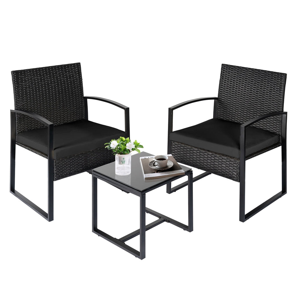 3 Piece Patio Bistro Set Outdoor Furniture Set with Glass Table, Rattan Conversation Sets for Porch Garden Balcony