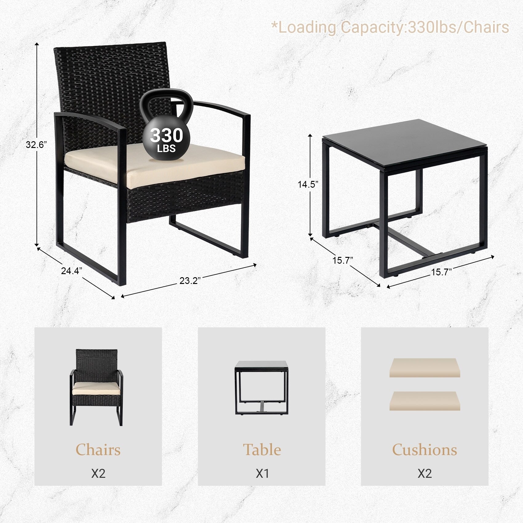 3 Piece Patio Bistro Set Outdoor Furniture Set with Glass Table, Rattan Conversation Sets for Porch Garden Balcony