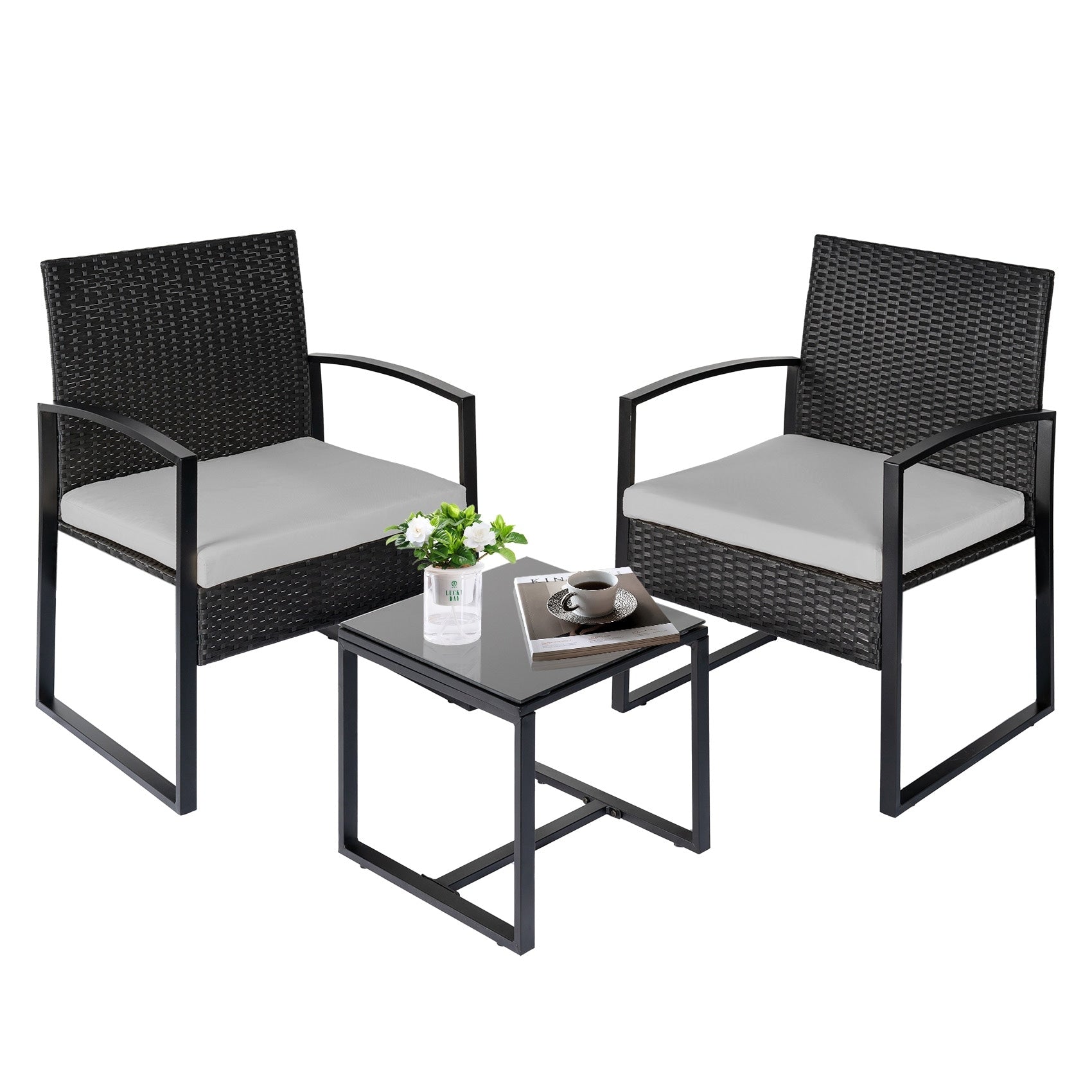 3 Piece Patio Bistro Set Outdoor Furniture Set with Glass Table, Rattan Conversation Sets for Porch Garden Balcony
