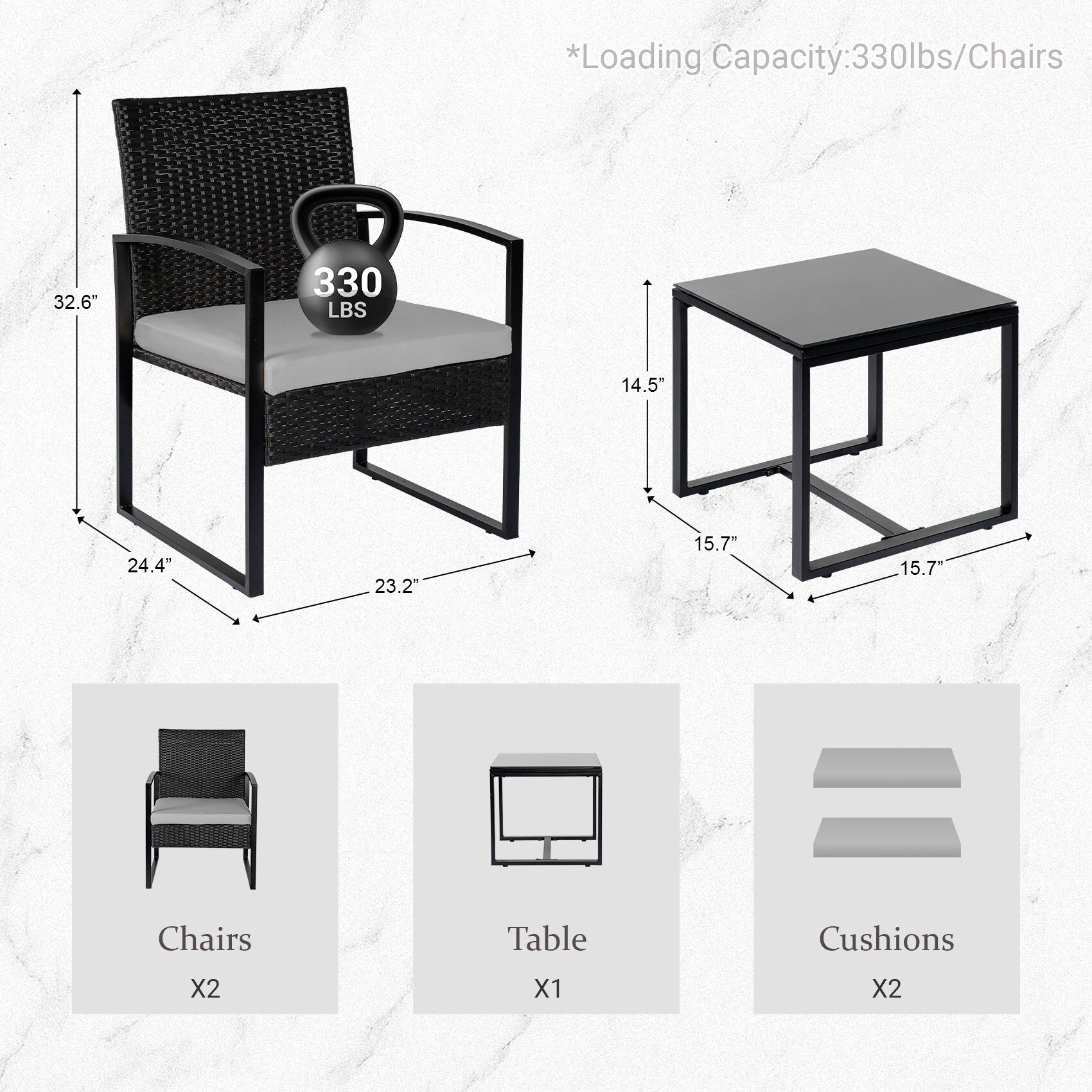 3 Piece Patio Bistro Set Outdoor Furniture Set with Glass Table, Rattan Conversation Sets for Porch Garden Balcony