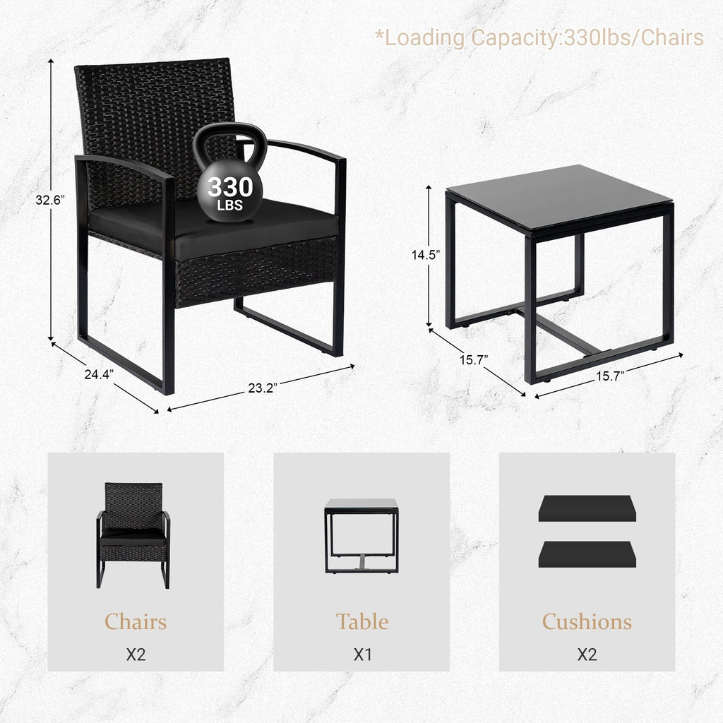 3 Piece Patio Bistro Set Outdoor Furniture Set with Glass Table, Rattan Conversation Sets for Porch Garden Balcony