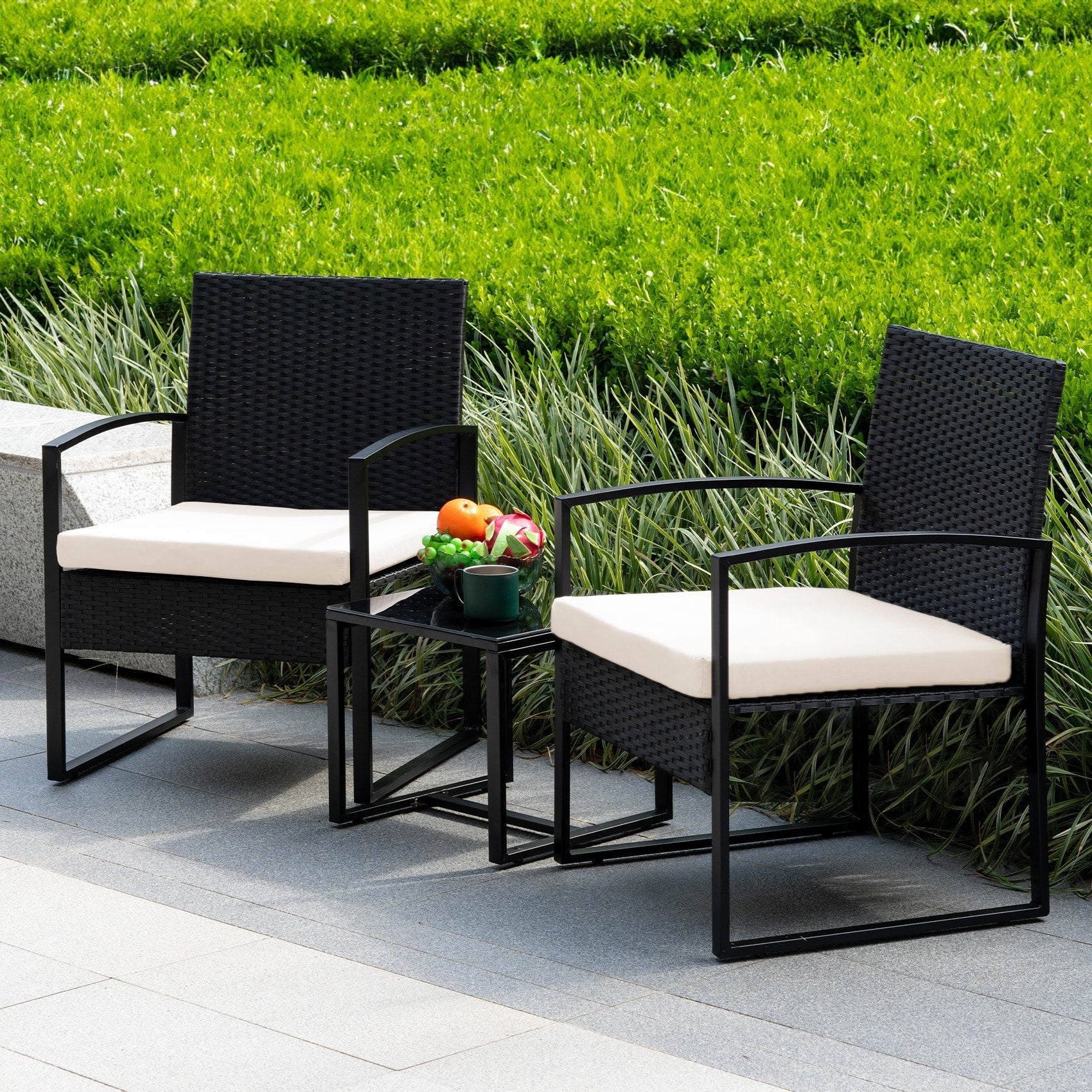3 Piece Patio Bistro Set Outdoor Furniture Set with Glass Table, Rattan Conversation Sets for Porch Garden Balcony