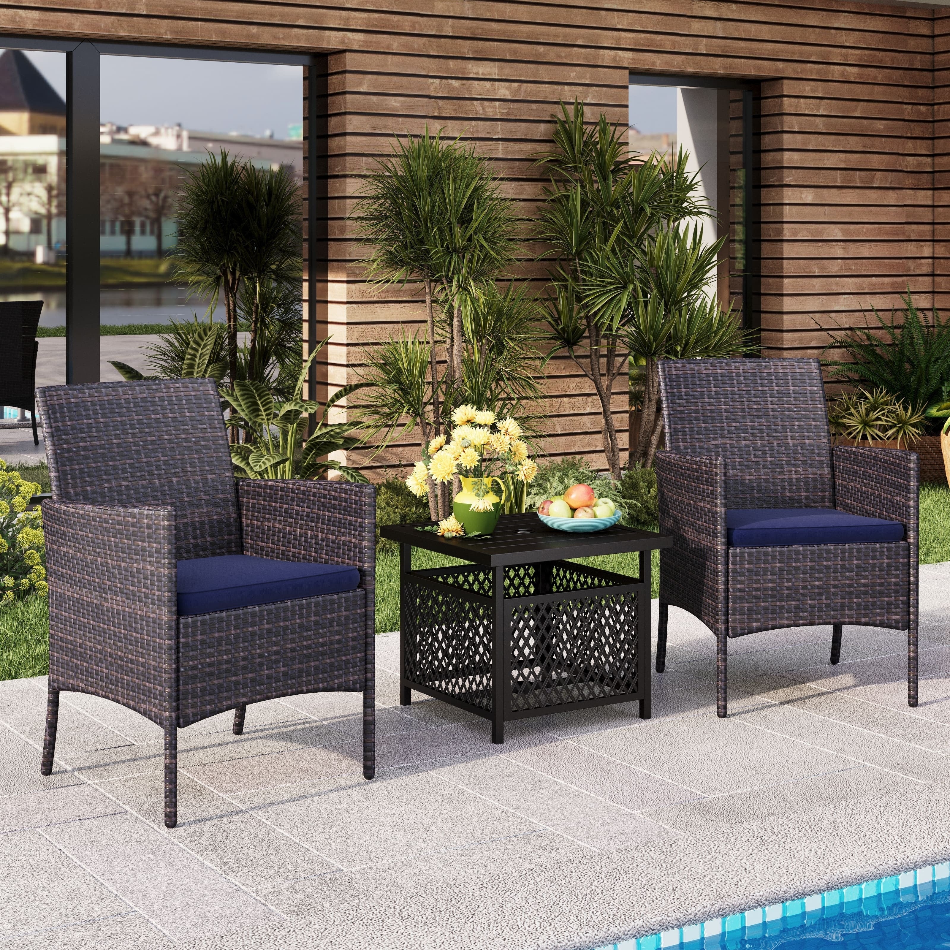 3-Piece Outdoor Bistro Set: 22 Table with Umbrella Hole & 2 Rattan Chairs - Black