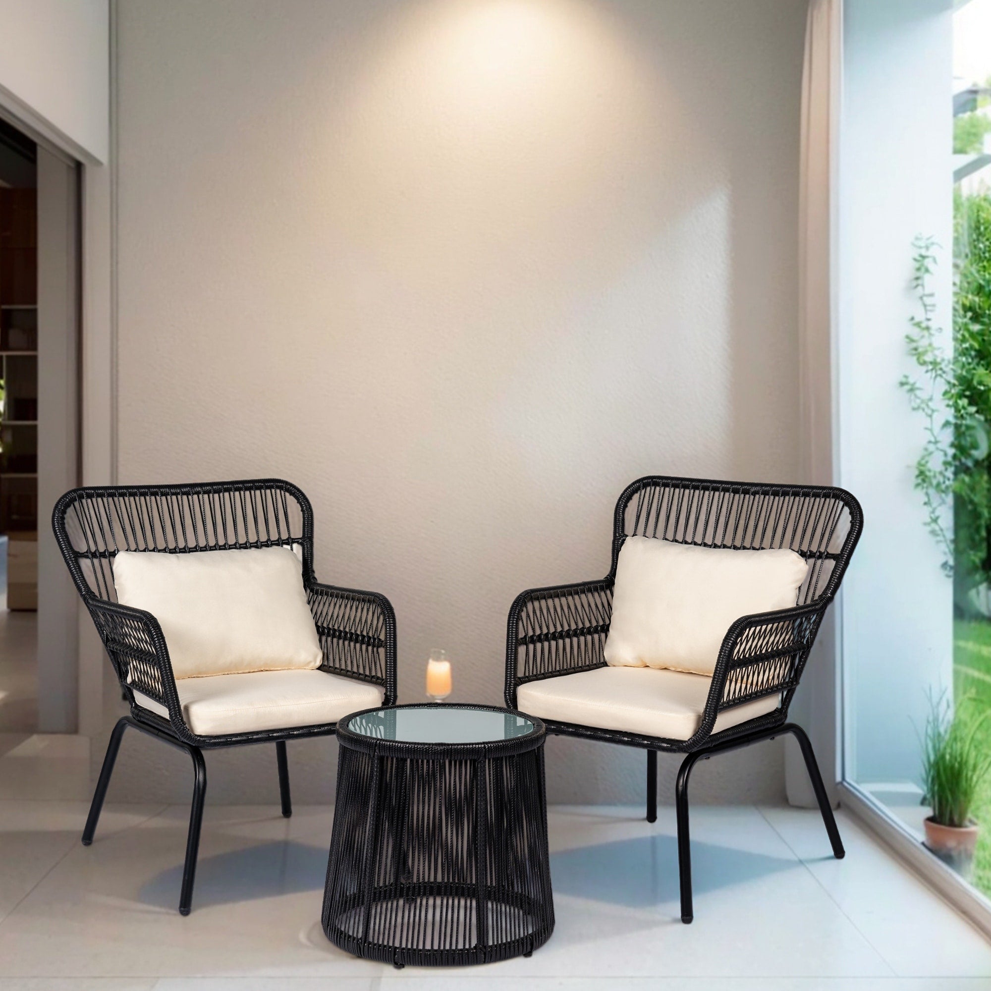 Ensemble de bistrot d'extérieur 3 pièces en osier, mobilier de jardin en rotin toutes saisons, chaises de patio avec coussins