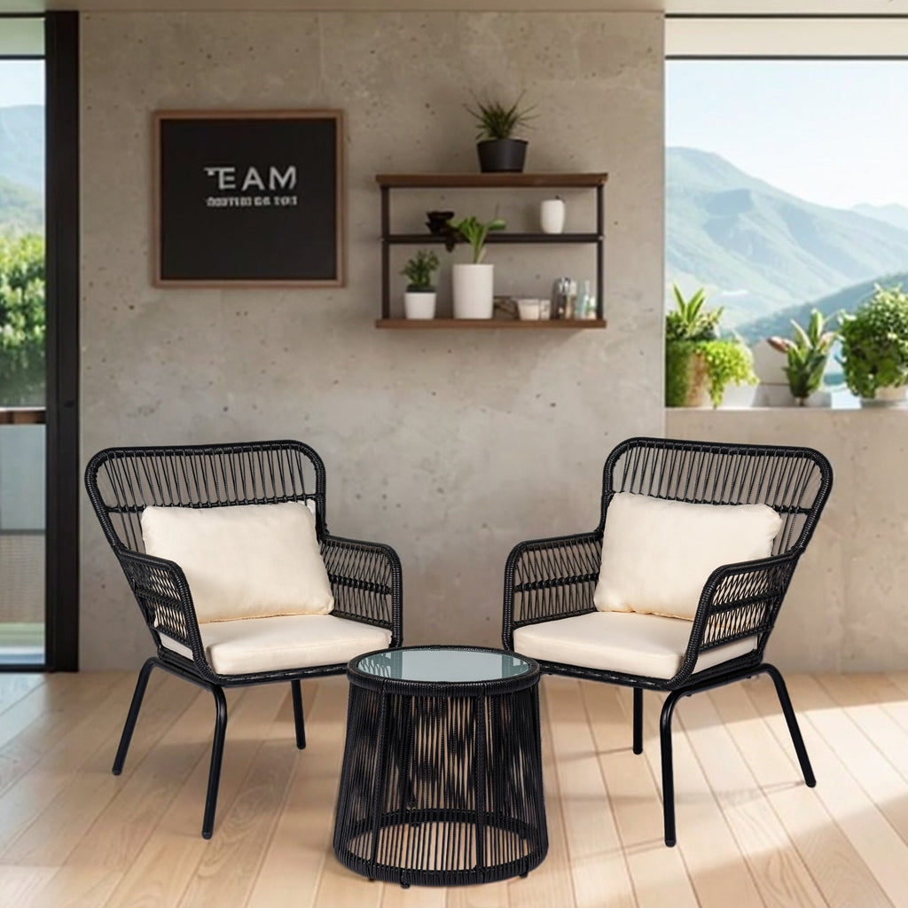 Ensemble de bistrot d'extérieur 3 pièces en osier, mobilier de jardin en rotin toutes saisons, chaises de patio avec coussins