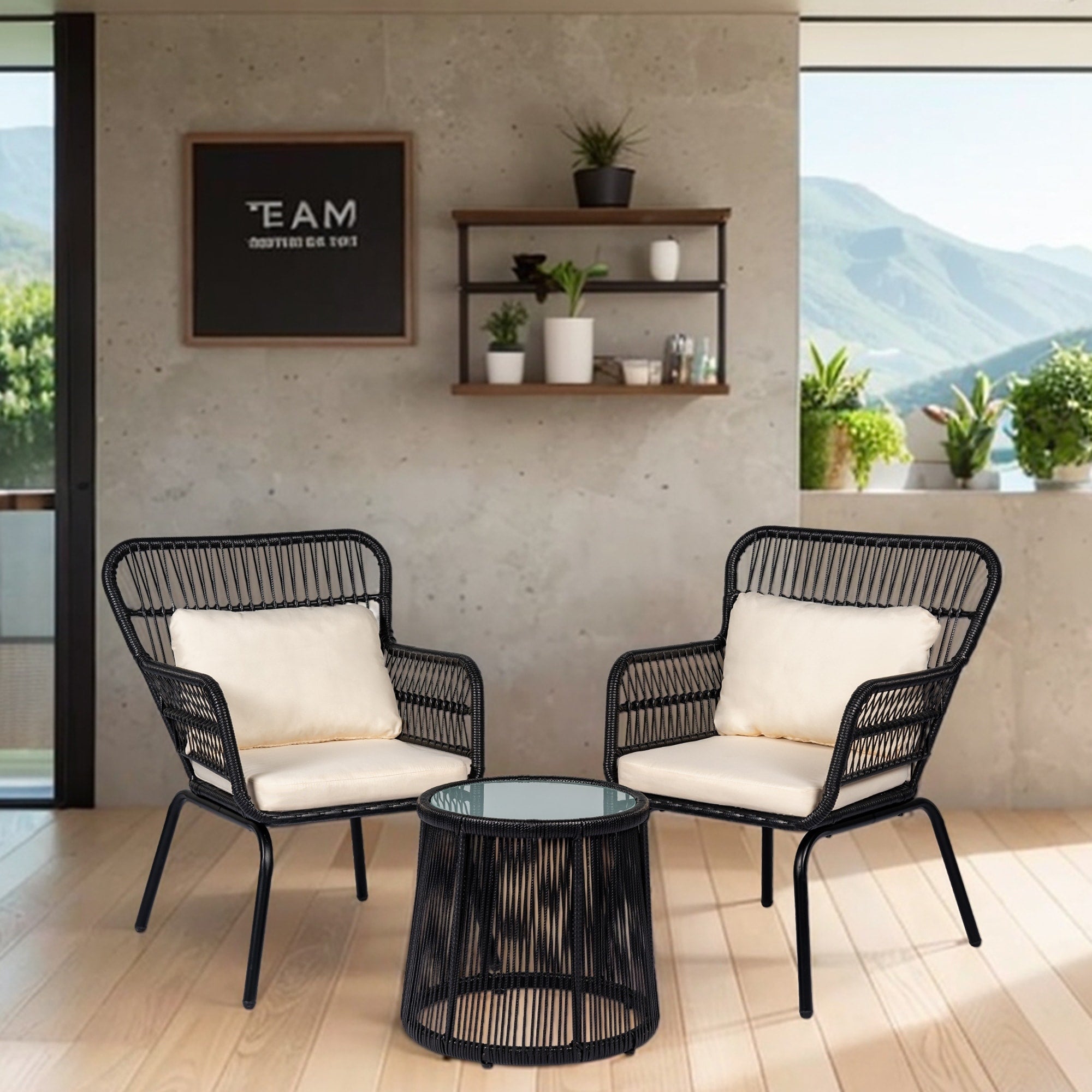 Ensemble de bistrot d'extérieur 3 pièces en osier, mobilier de jardin en rotin toutes saisons, chaises de patio avec coussins