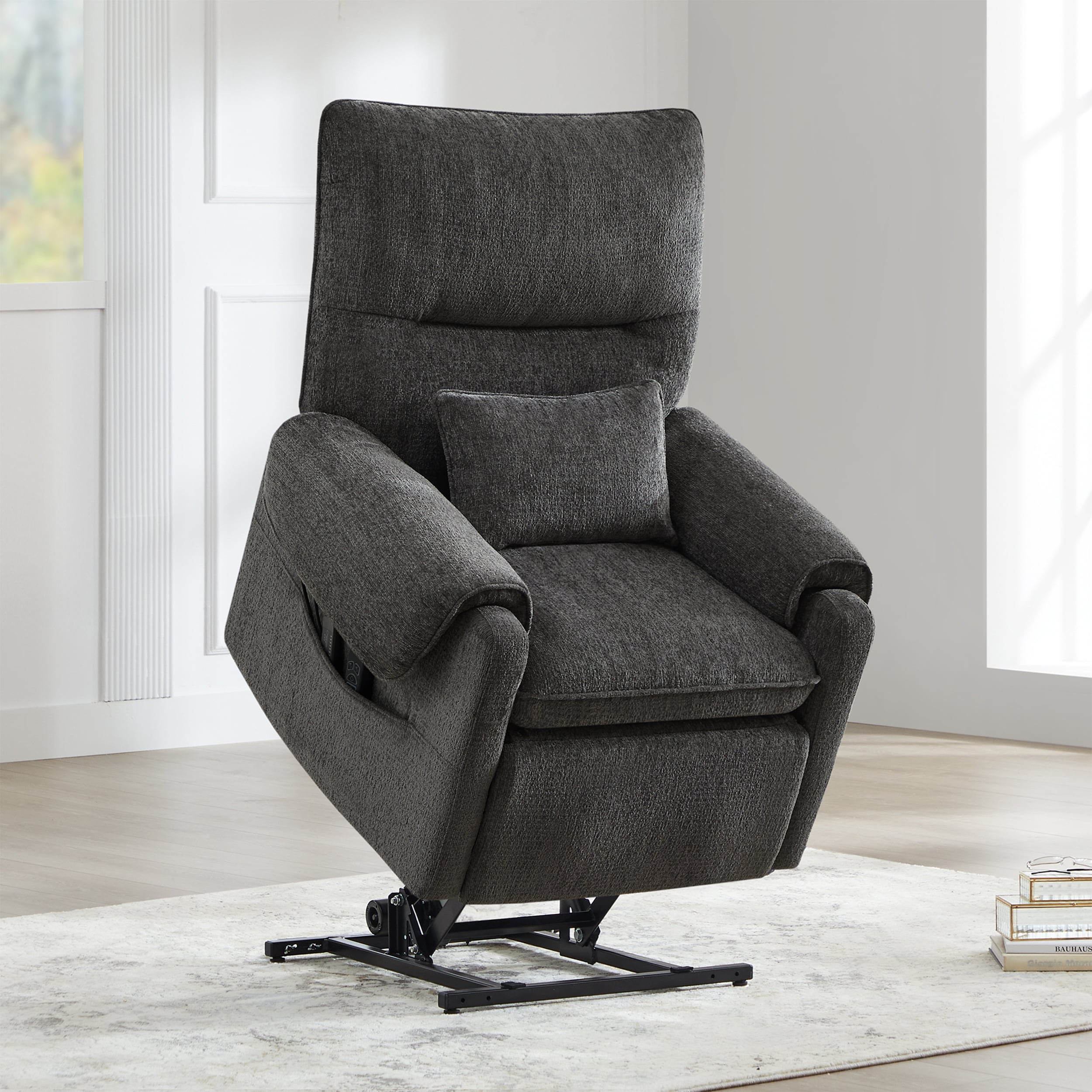 30 Power Lift Assist Recliner Arm Chair Steel Gray Chenille