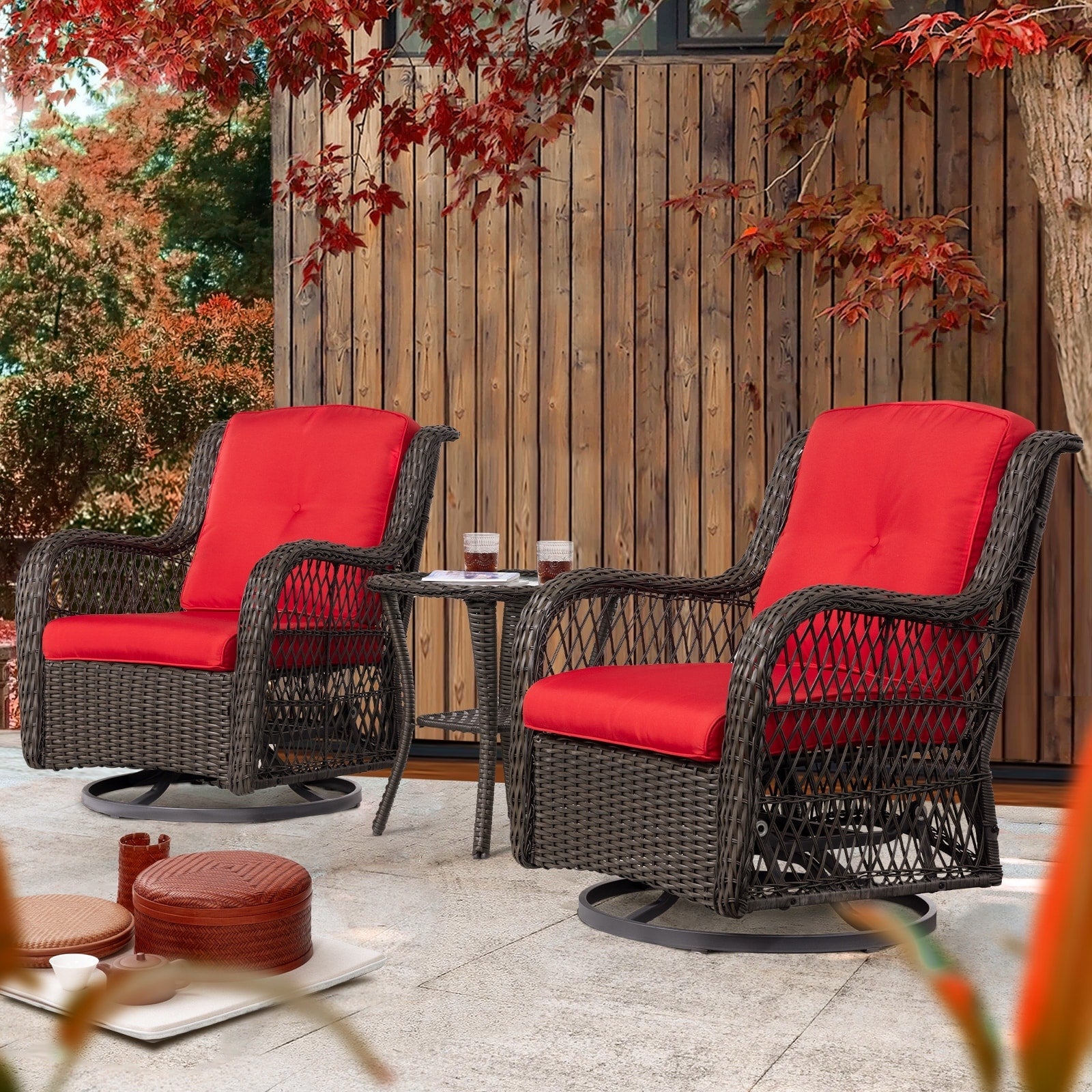 3-Piece Outdoor Brown Wicker Swivel Rocking Chairs Set