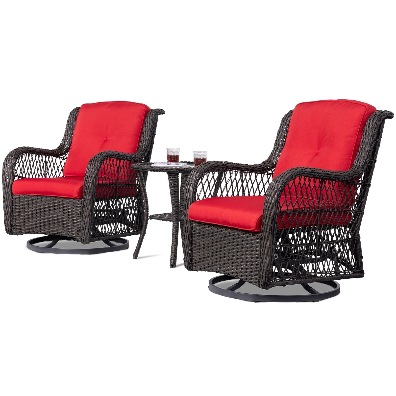 3-Piece Outdoor Brown Wicker Swivel Rocking Chairs Set