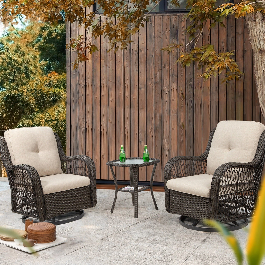 3-Piece Outdoor Brown Wicker Swivel Rocking Chairs Set