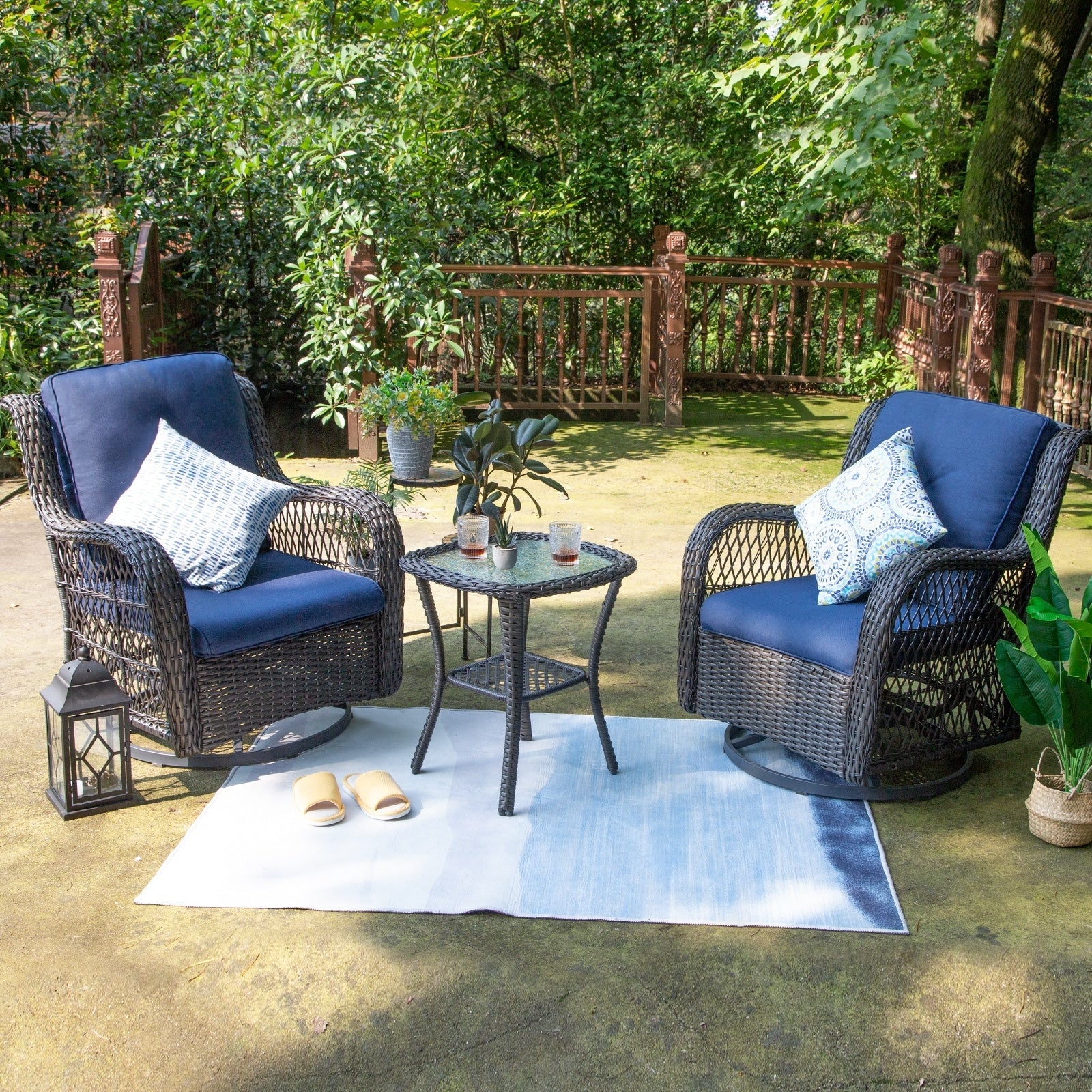 3-Piece Outdoor Brown Wicker Swivel Rocking Chairs Set