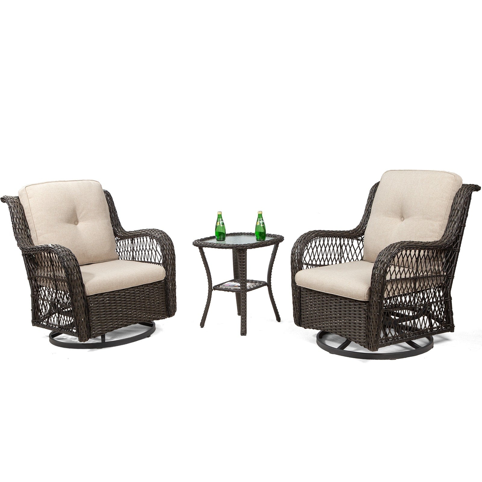 3-Piece Outdoor Brown Wicker Swivel Rocking Chairs Set