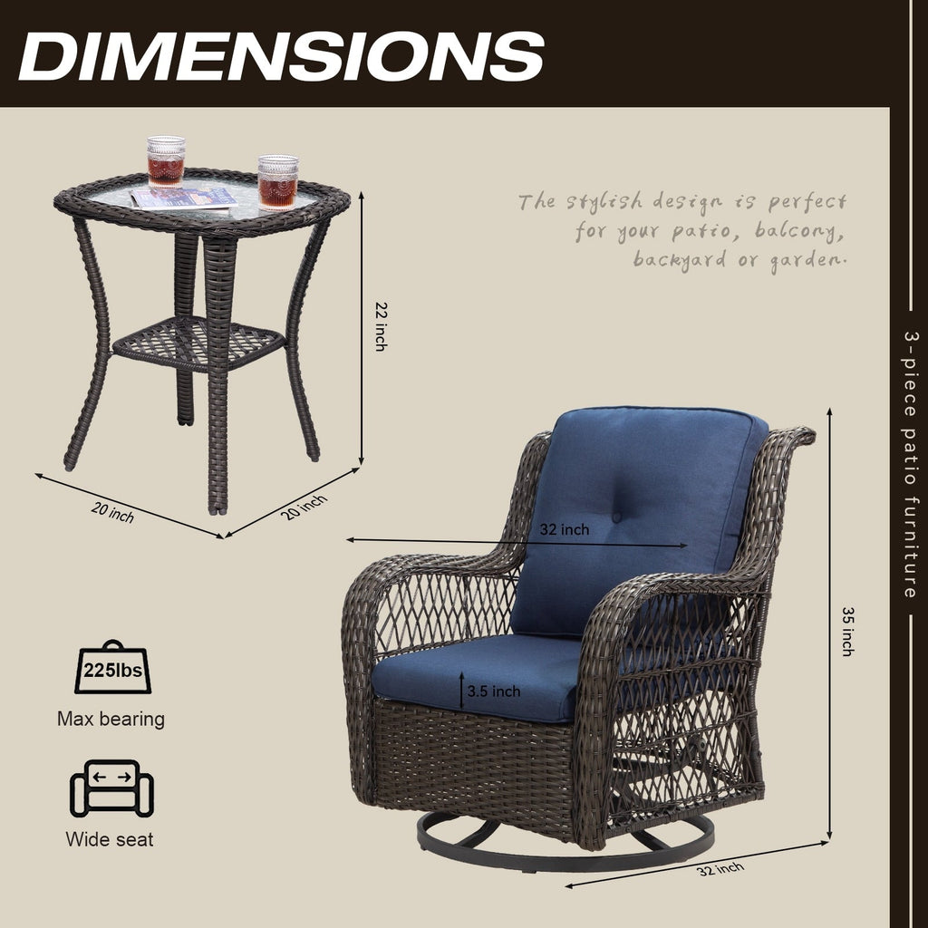 3-Piece Outdoor Brown Wicker Swivel Rocking Chairs Set