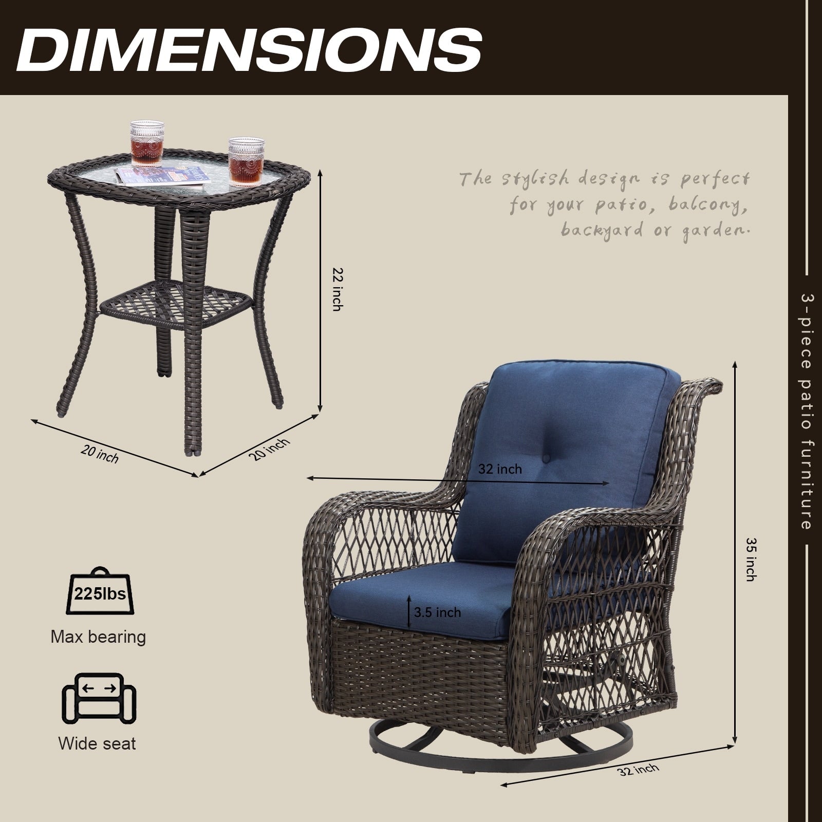3-Piece Outdoor Brown Wicker Swivel Rocking Chairs Set