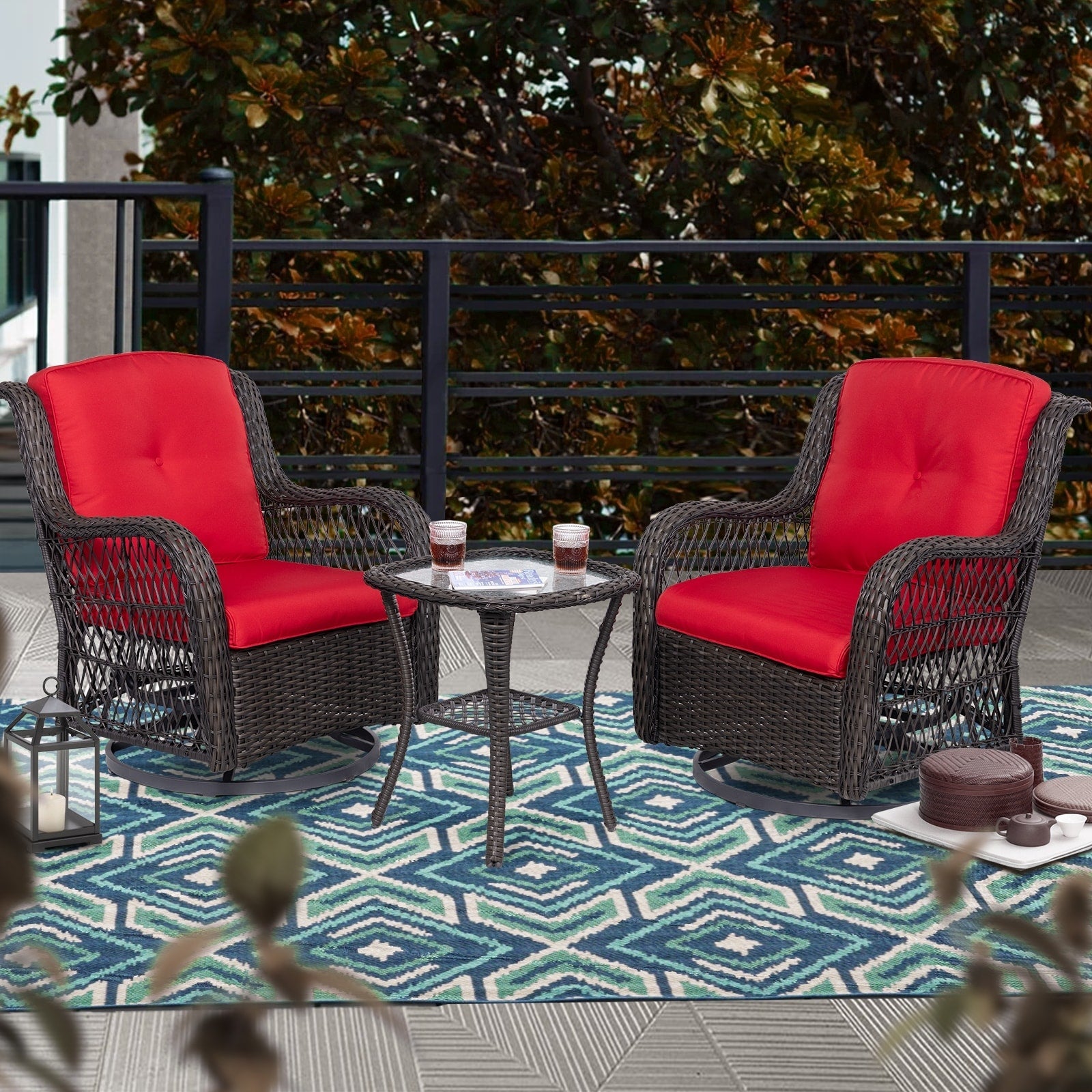 3-Piece Outdoor Brown Wicker Swivel Rocking Chairs Set