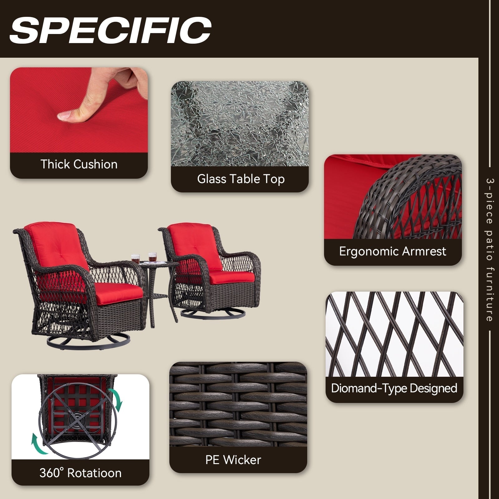 3-Piece Outdoor Brown Wicker Swivel Rocking Chairs Set