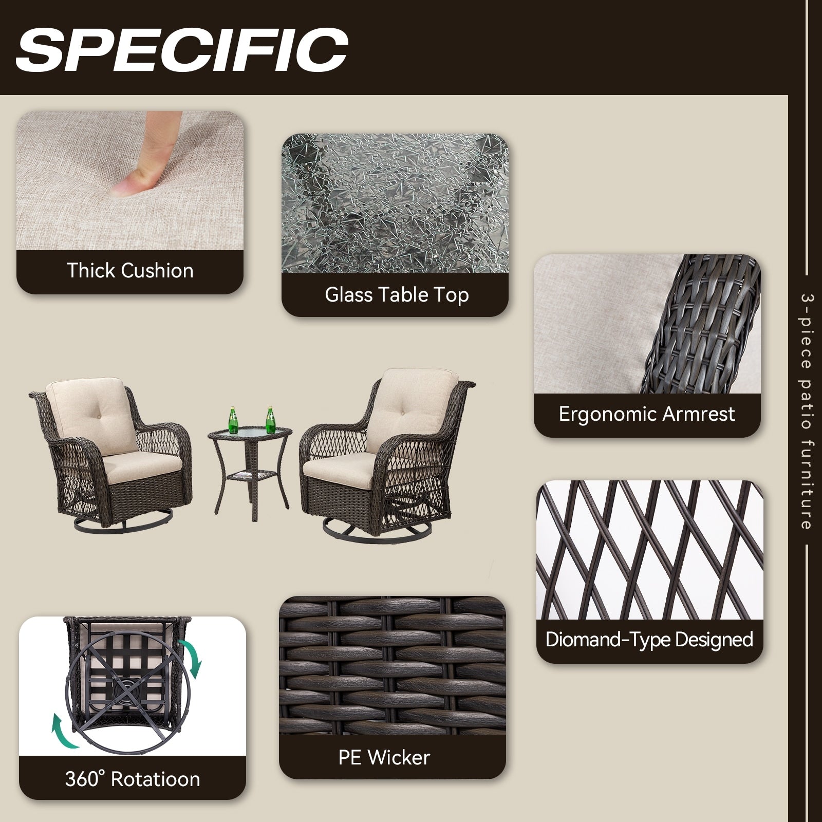 3-Piece Outdoor Brown Wicker Swivel Rocking Chairs Set
