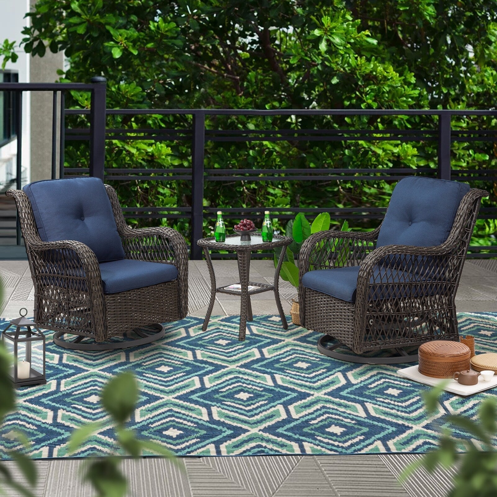 3-Piece Outdoor Brown Wicker Swivel Rocking Chairs Set