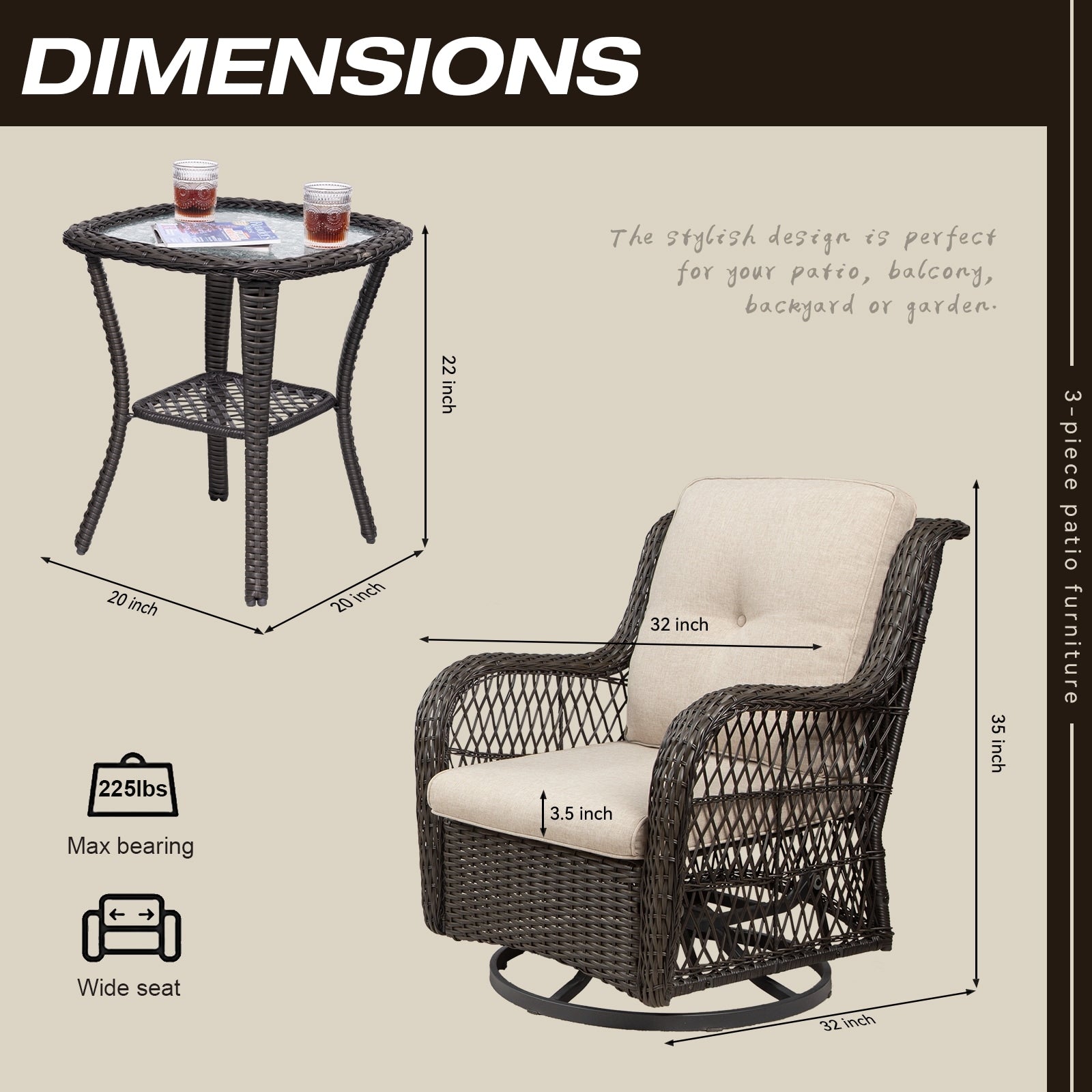 3-Piece Outdoor Brown Wicker Swivel Rocking Chairs Set