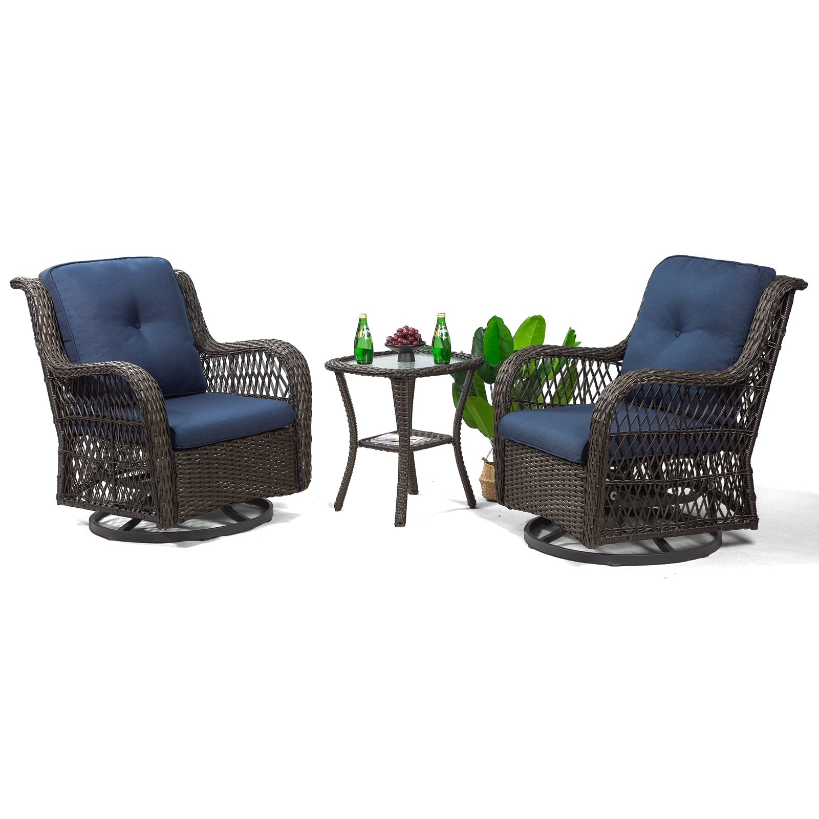 3-Piece Outdoor Brown Wicker Swivel Rocking Chairs Set