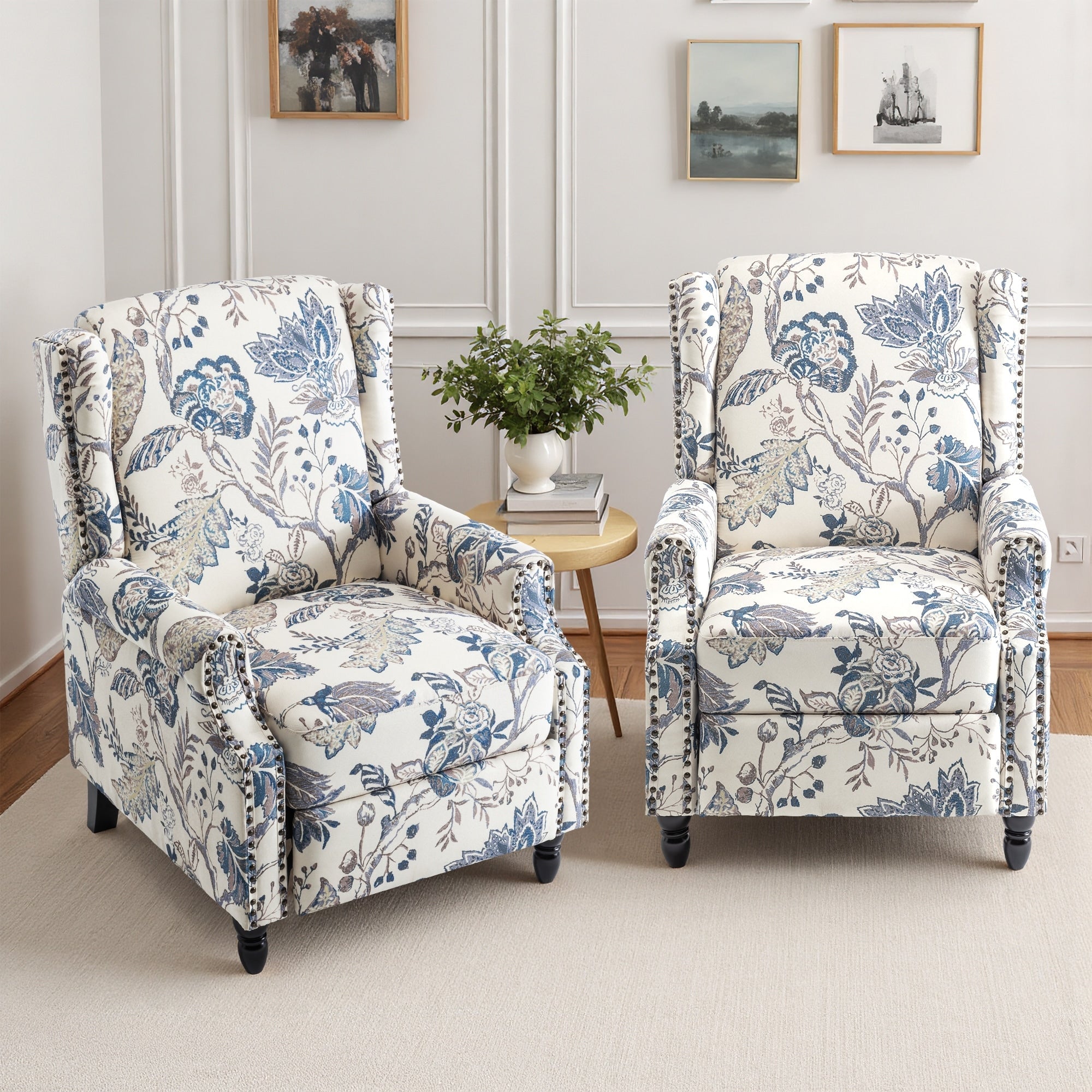 Ensemble de 2 fauteuils inclinables manuels à dossier à motif floral vintage de 29 po de largeur
