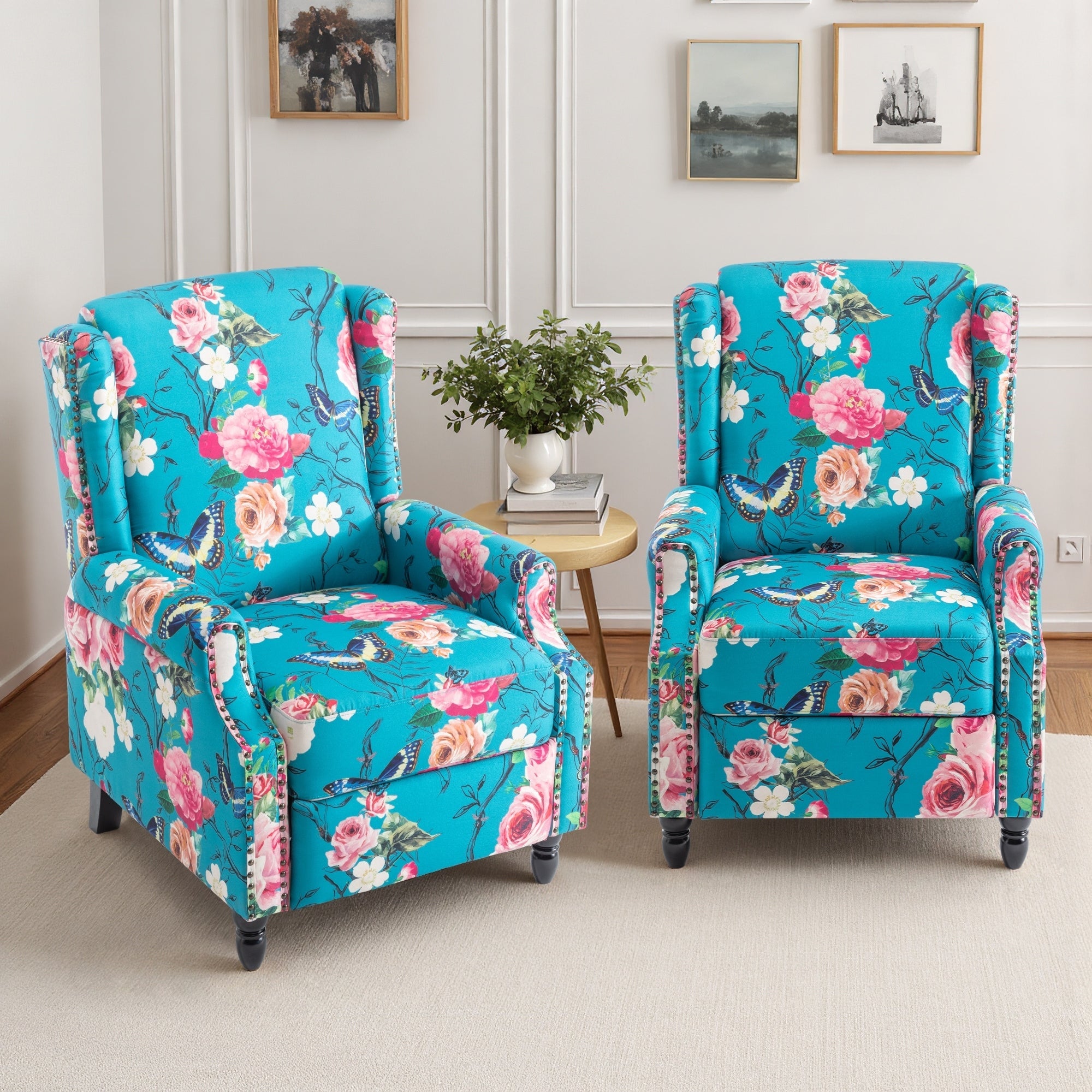 Ensemble de 2 fauteuils inclinables manuels à dossier à motif floral vintage de 29 po de largeur