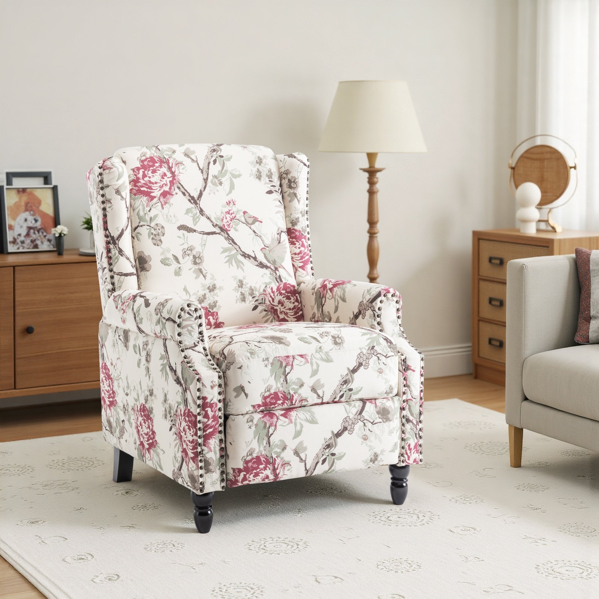 Fauteuil inclinable manuel à dossier relevable en lin vintage à motif floral de 29 po de largeur