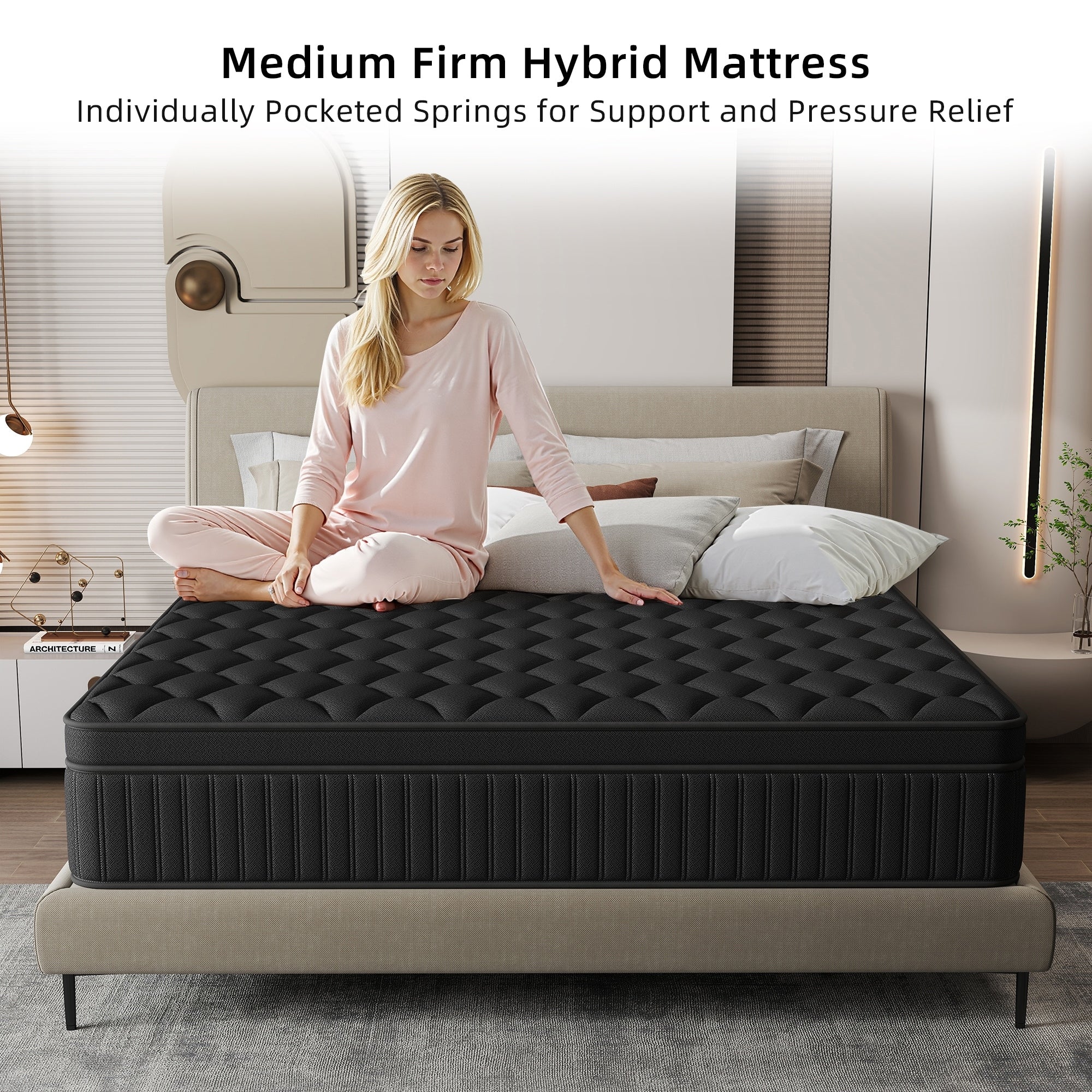 Matelas hybride à ressorts ensachés de taille moyenne, 12 pièces, dans une boîte