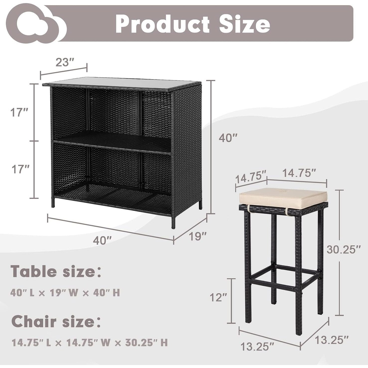 Ensemble de bar d'extérieur en osier 3 pièces, 2 tabourets de bar et 1 table avec plateau en verre et étagères de rangement