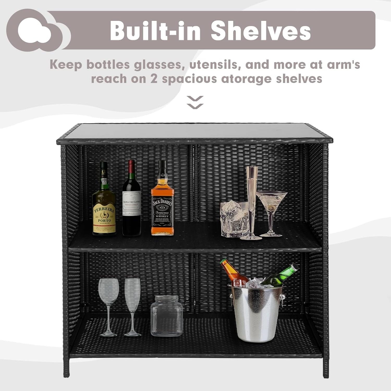 Ensemble de bar d'extérieur en osier 3 pièces, 2 tabourets de bar et 1 table avec plateau en verre et étagères de rangement