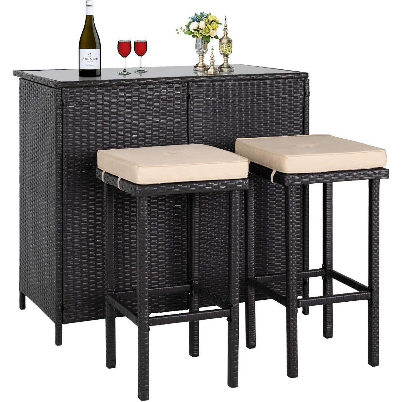 Ensemble de bar d'extérieur en osier 3 pièces, 2 tabourets de bar et 1 table avec plateau en verre et étagères de rangement