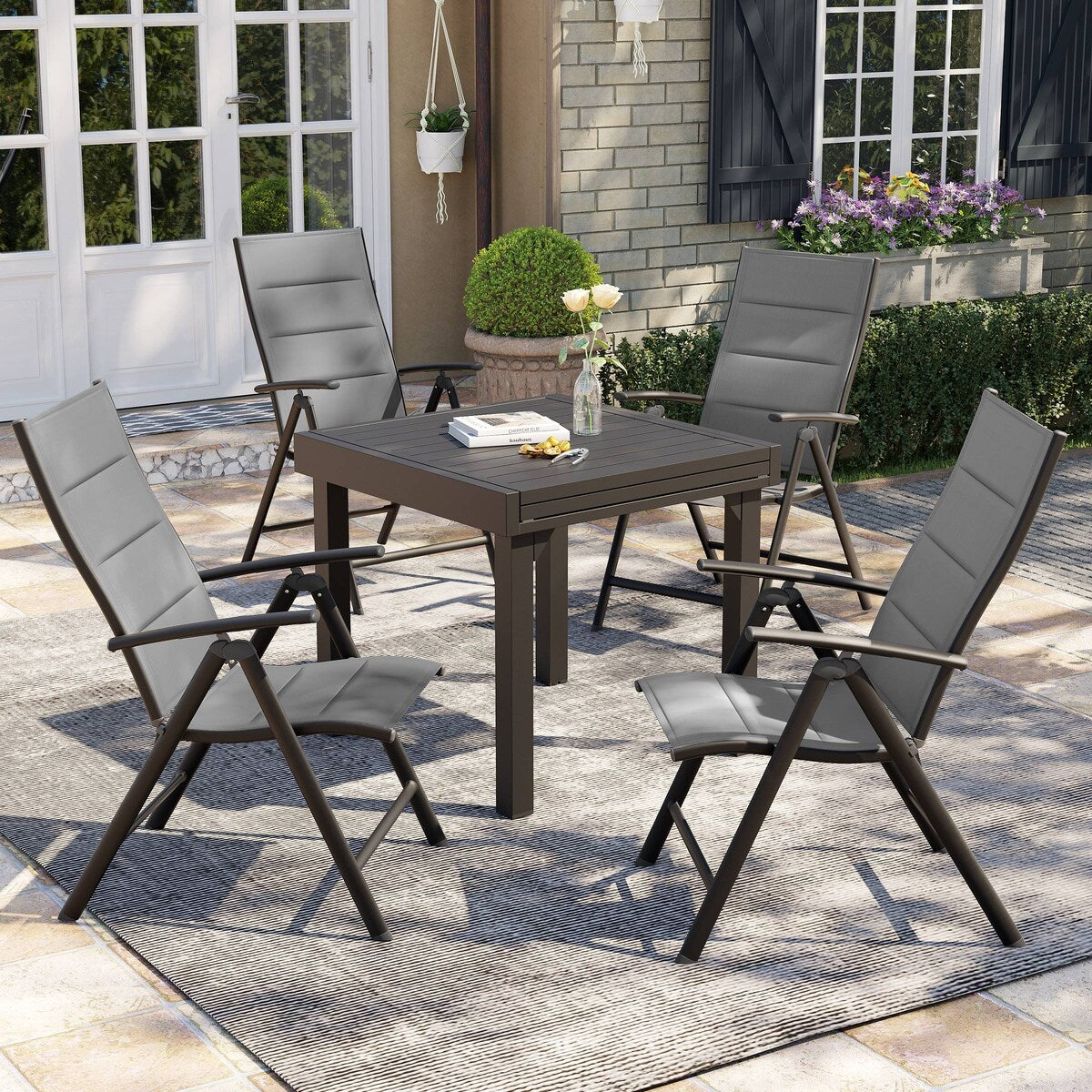 3/5/7 Pieces Patio Dining Set, Aluminum Expandable Table, Folding Padded Adjustable Chair