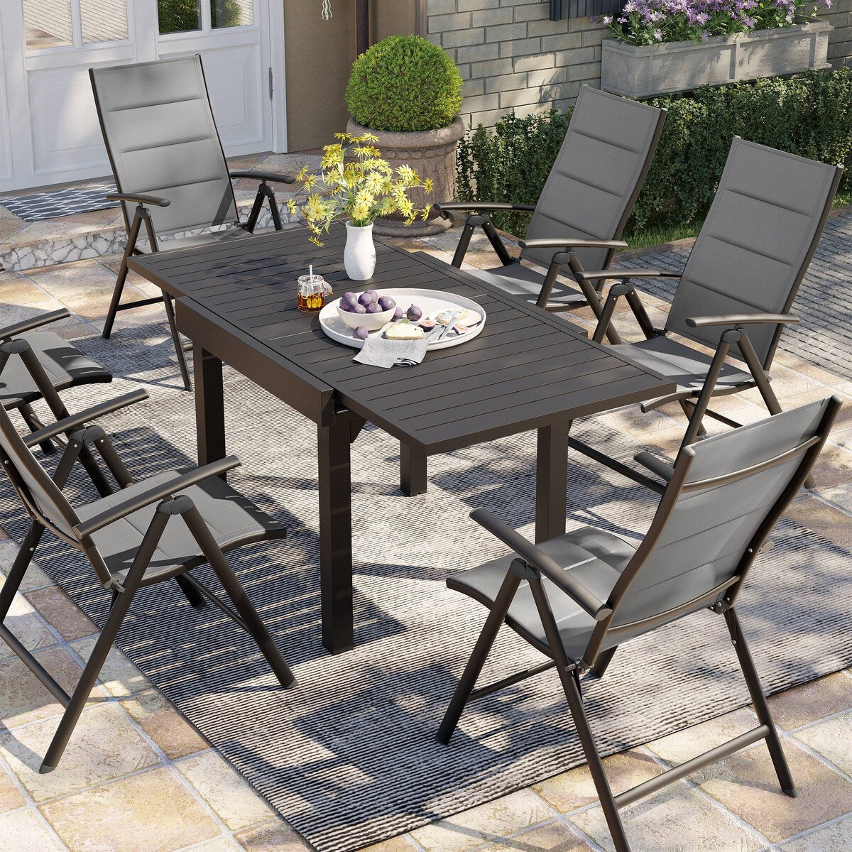 3/5/7 Pieces Patio Dining Set, Aluminum Expandable Table, Folding Padded Adjustable Chair