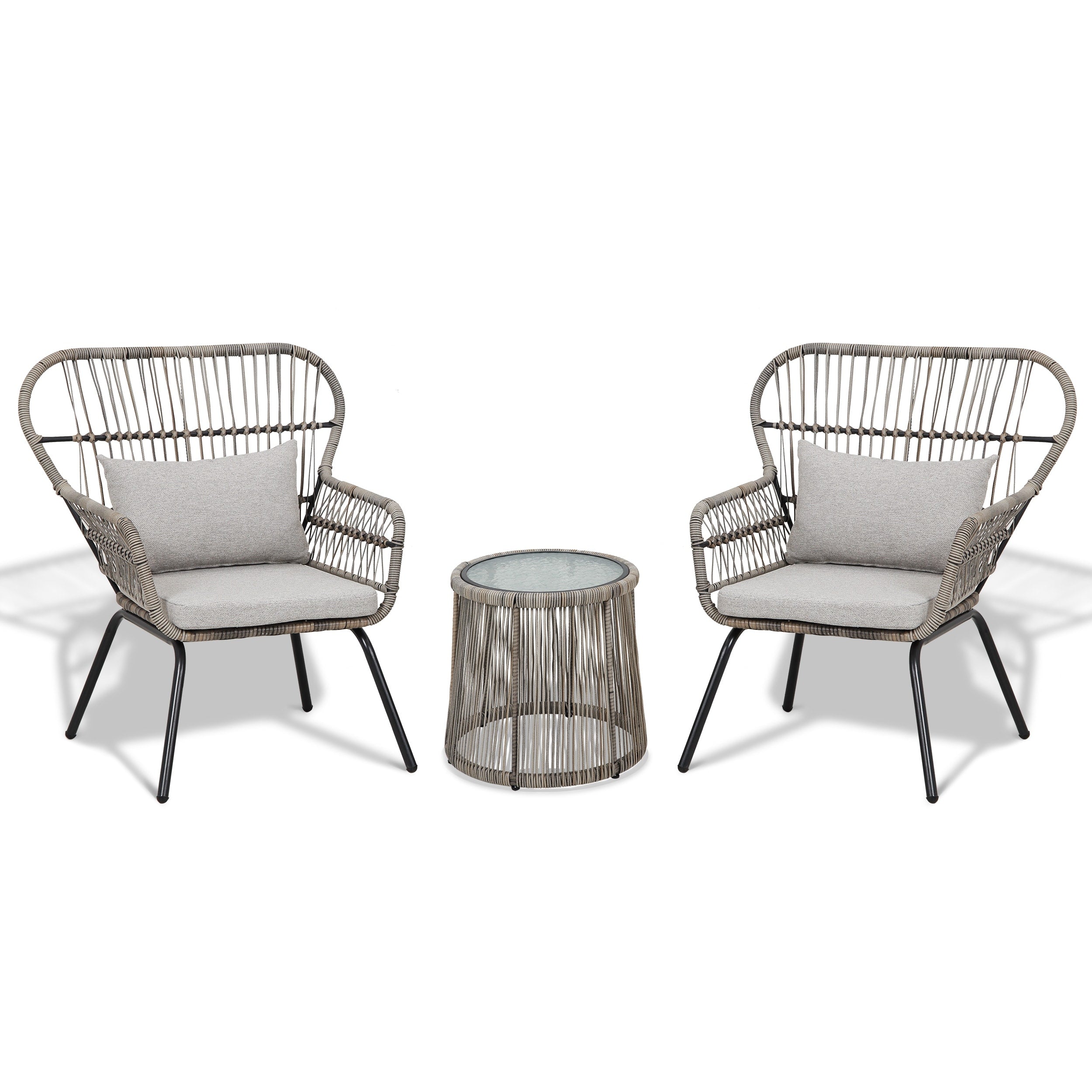 Ensemble de bistrot d'extérieur 3 pièces en osier, mobilier de jardin en rotin toutes saisons, chaises de patio avec coussins
