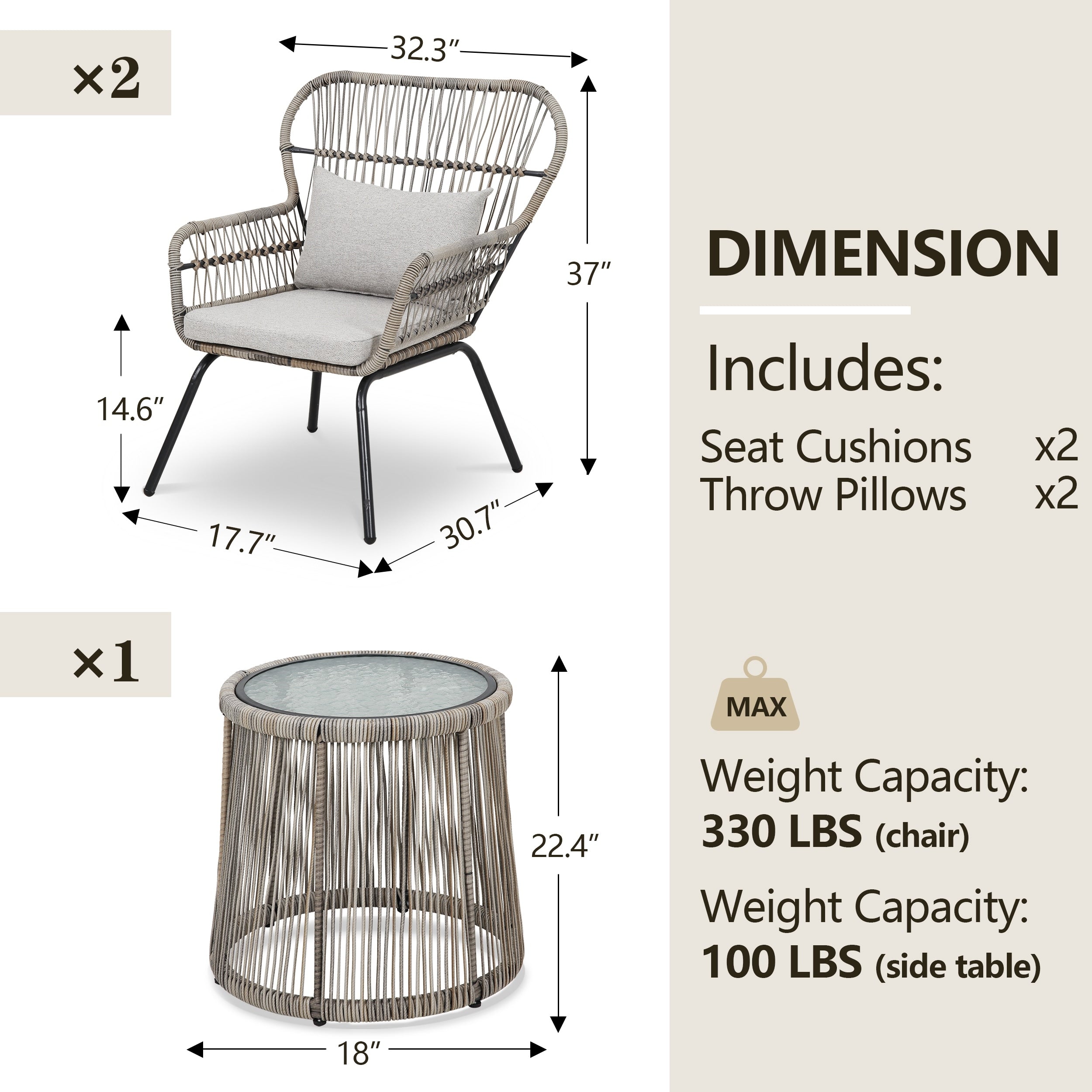 Ensemble de bistrot d'extérieur 3 pièces en osier, mobilier de jardin en rotin toutes saisons, chaises de patio avec coussins