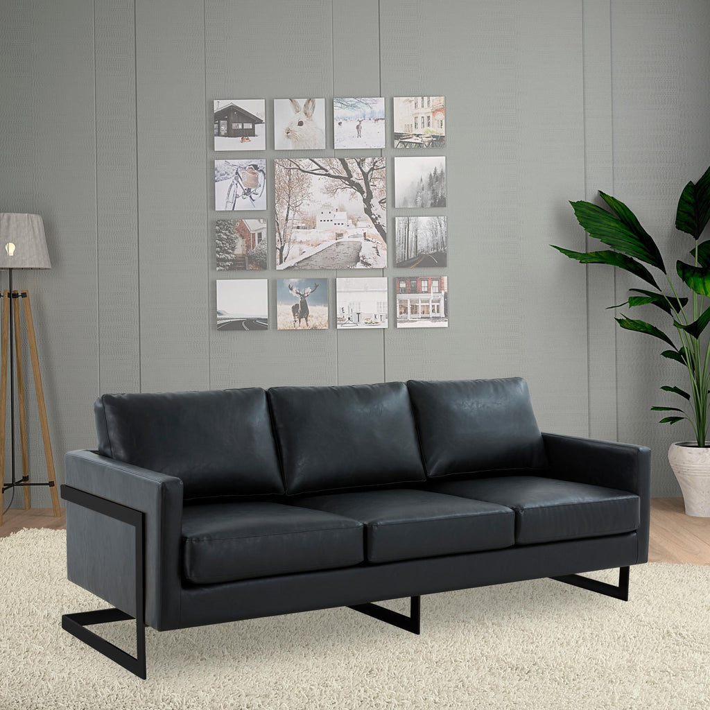 Canapé 3 places minimaliste en cuir rembourré avec coussins amovibles en acier inoxydable pour salon et chambre à coucher
