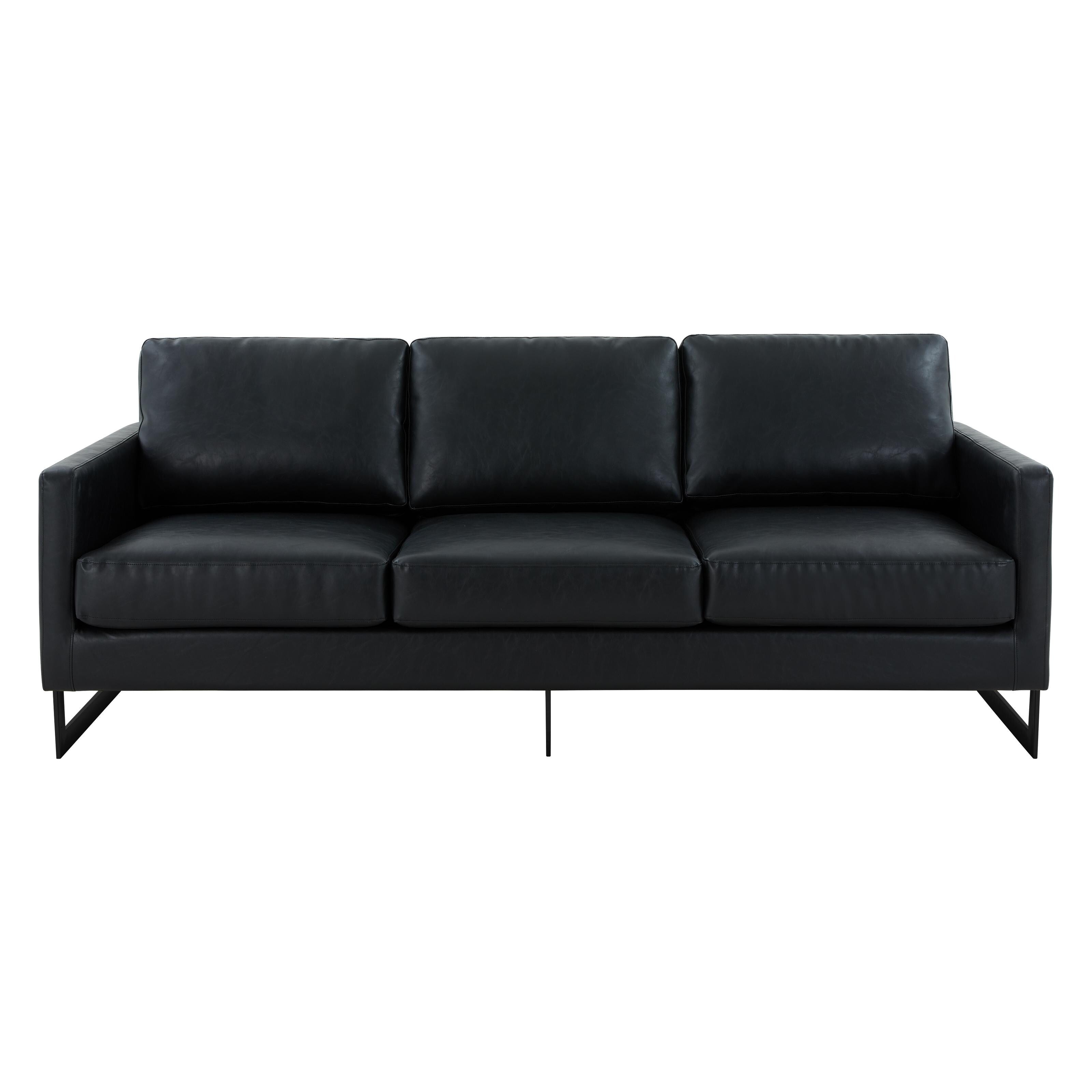 Canapé 3 places minimaliste en cuir rembourré avec coussins amovibles en acier inoxydable pour salon et chambre à coucher