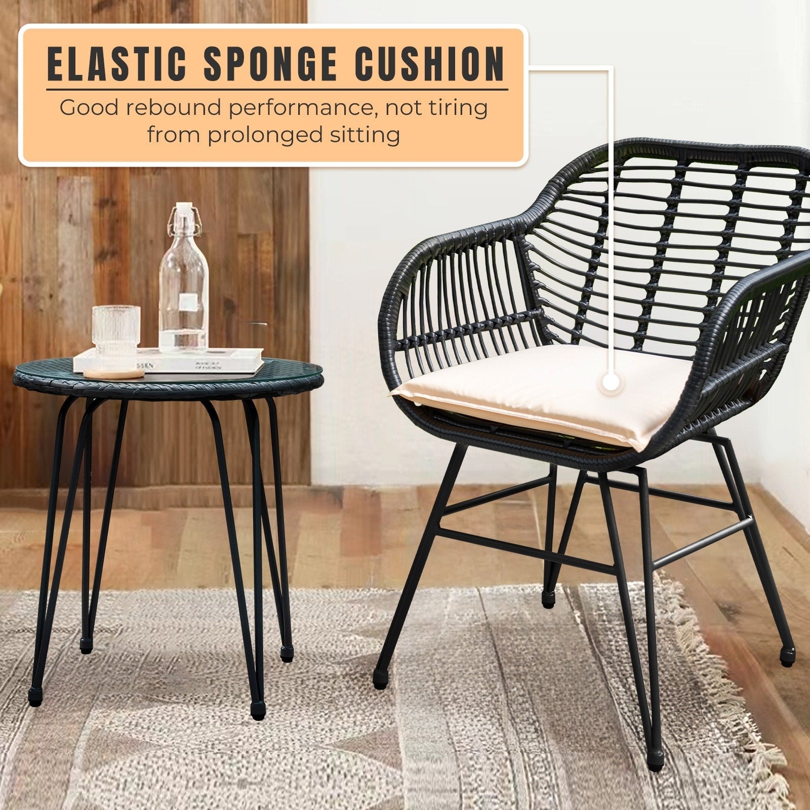Ensemble de 3 chaises de jardin en osier avec coussins pour terrasse, piscine, jardin et véranda - 21,2 L x 23,6 l x 31,5 H