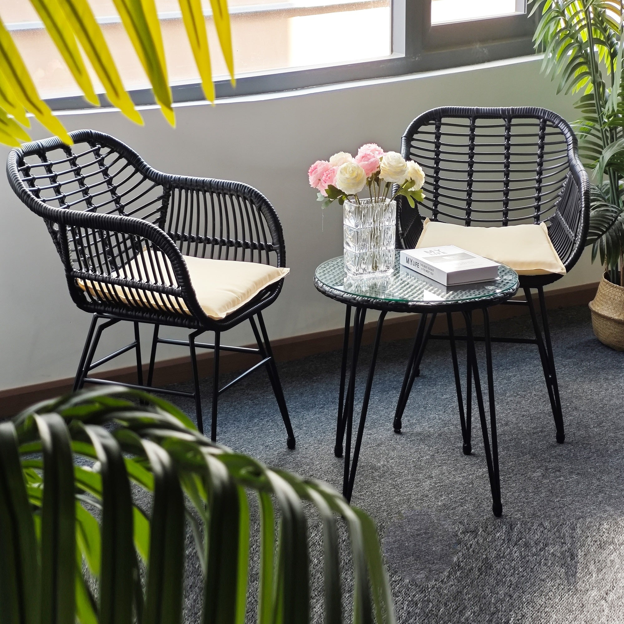 Ensemble de 3 chaises de jardin en osier avec coussins pour terrasse, piscine, jardin et véranda - 21,2 L x 23,6 l x 31,5 H